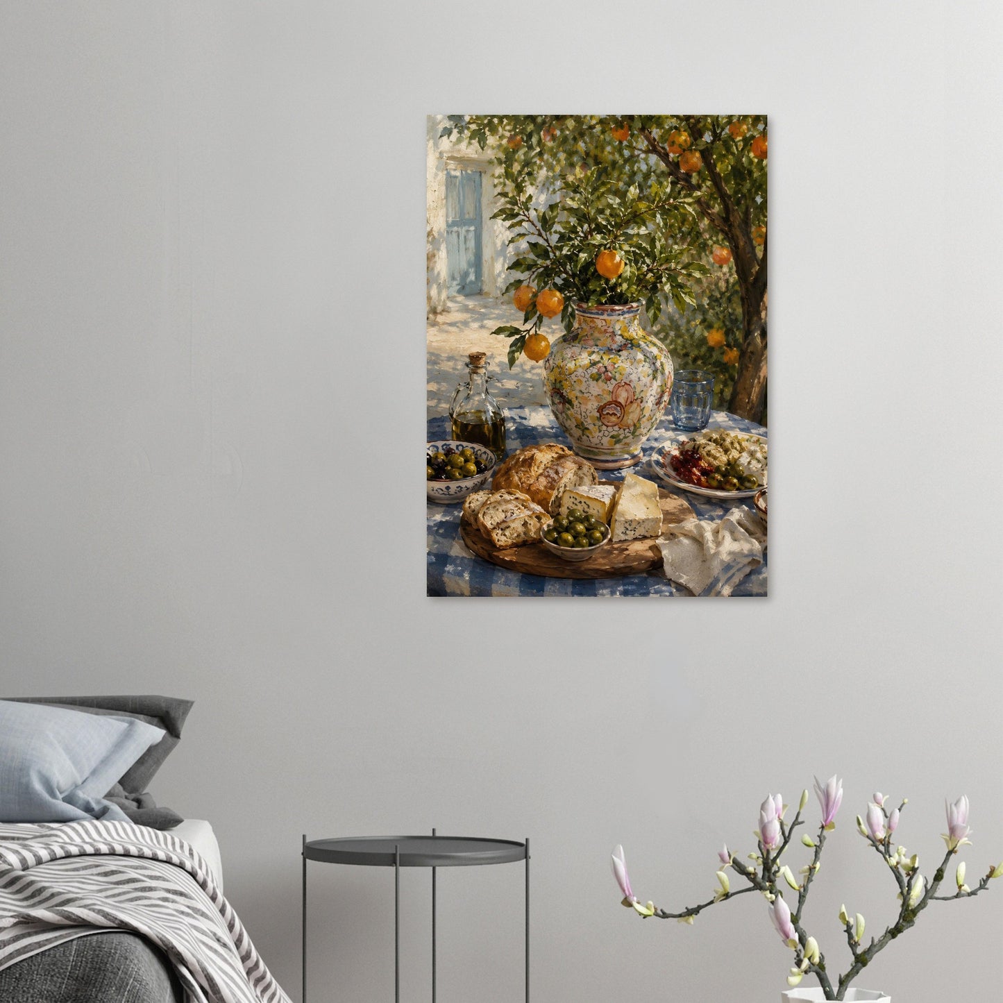 Amalfi Coast kitchen wall decor featuring floral ceramic vase and citrus still life styling in a bedroom setting, disaplyed on a mint green wall