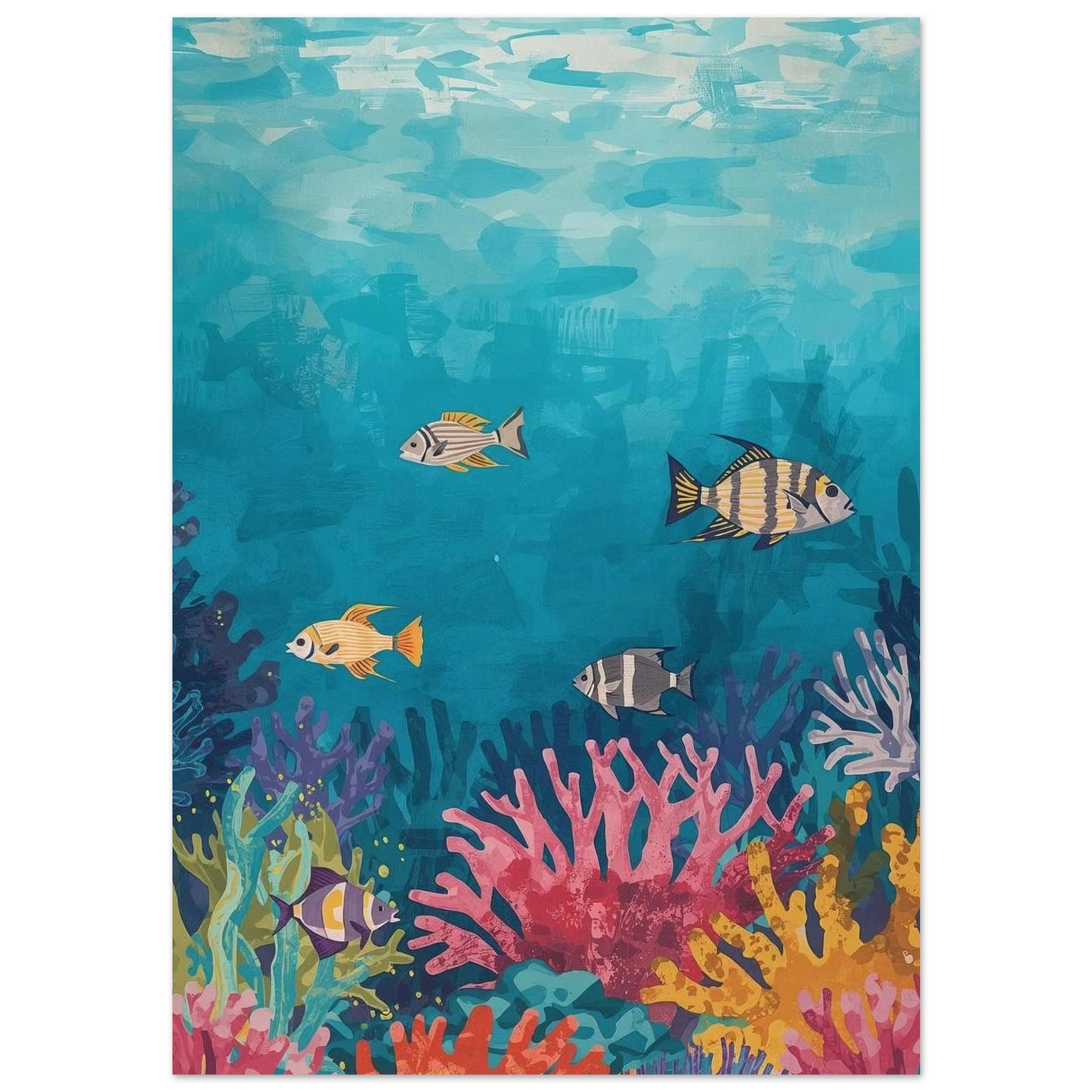 Colorful underwater scene with fish and coral on a blue background