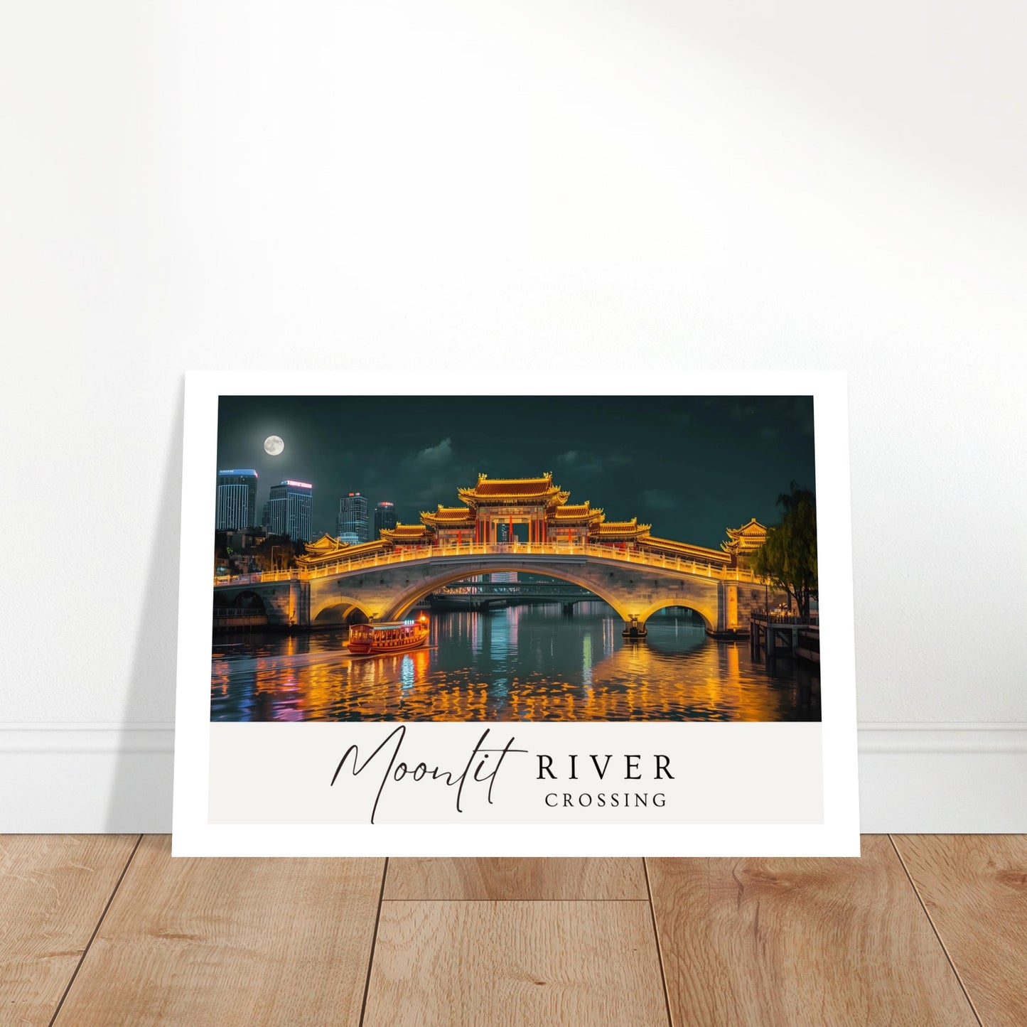 Poster of a moonlit river scene with a bridge and boat, titled 'Moonlit River Crossing'.