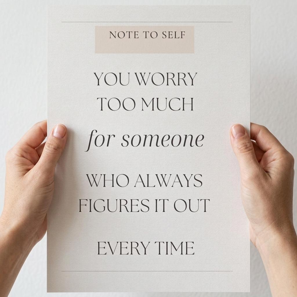 neutral quote poster held by hands with text on a light background