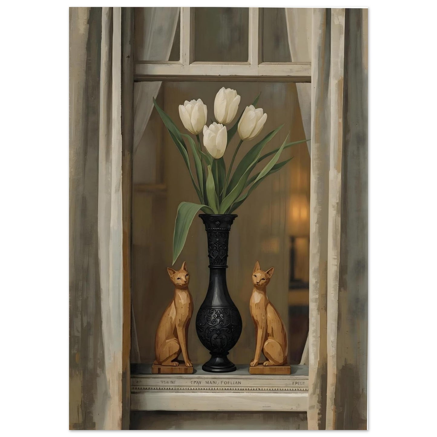 Decorative scene with a black vase holding white tulips, two cat figurines, and a window in the background.