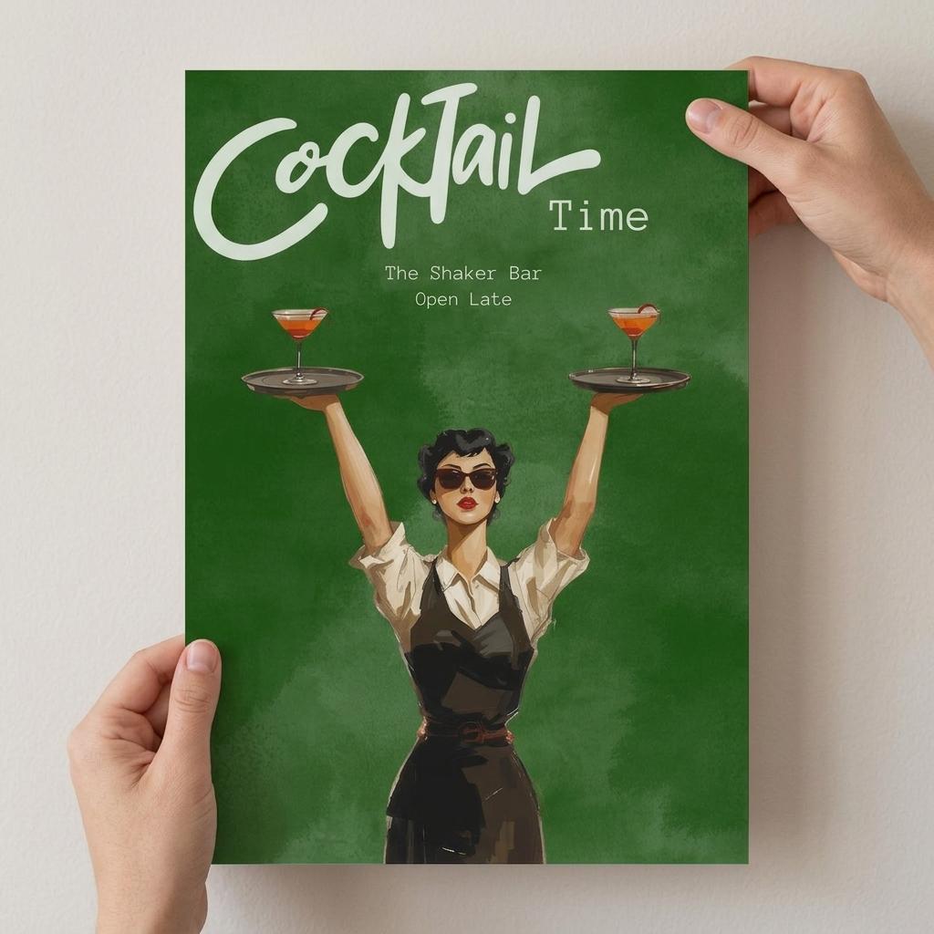 Poster with a woman holding cocktail trays and text 'Cocktail Time' on a green background.