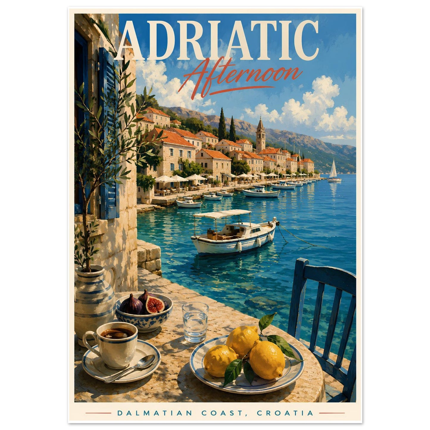 Croatia travel poster featuring a sunlit harbour, sailing boats and coastal village artwork