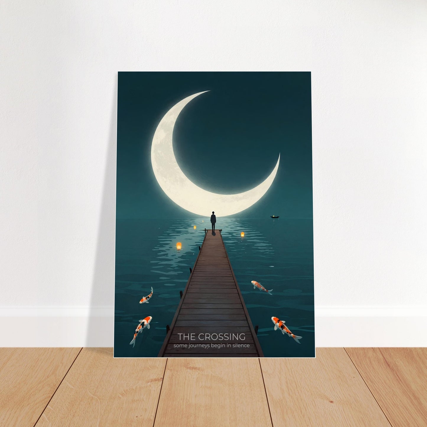 The Crossing moon wall art displayed on a wooden floor backdrop, showing a solitary figure on a pier beneath a glowing crescent moon.
