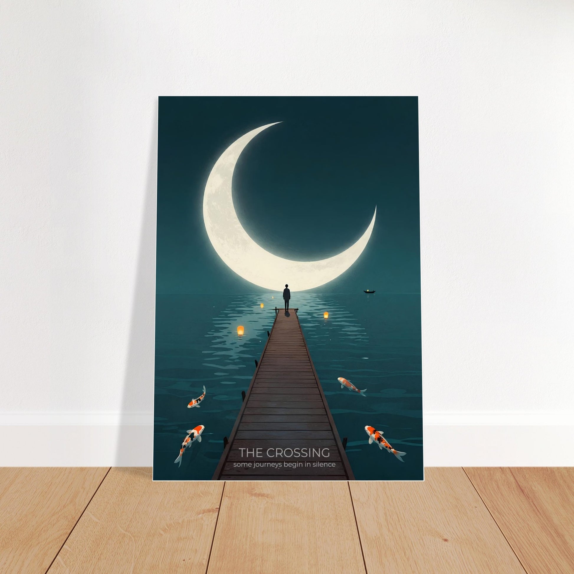 The Crossing moon wall art displayed on a wooden floor backdrop, showing a solitary figure on a pier beneath a glowing crescent moon.