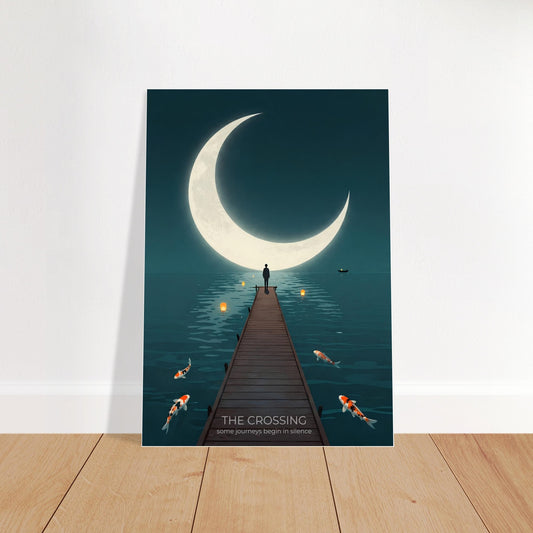 The Crossing moon wall art displayed on a wooden floor backdrop, showing a solitary figure on a pier beneath a glowing crescent moon.