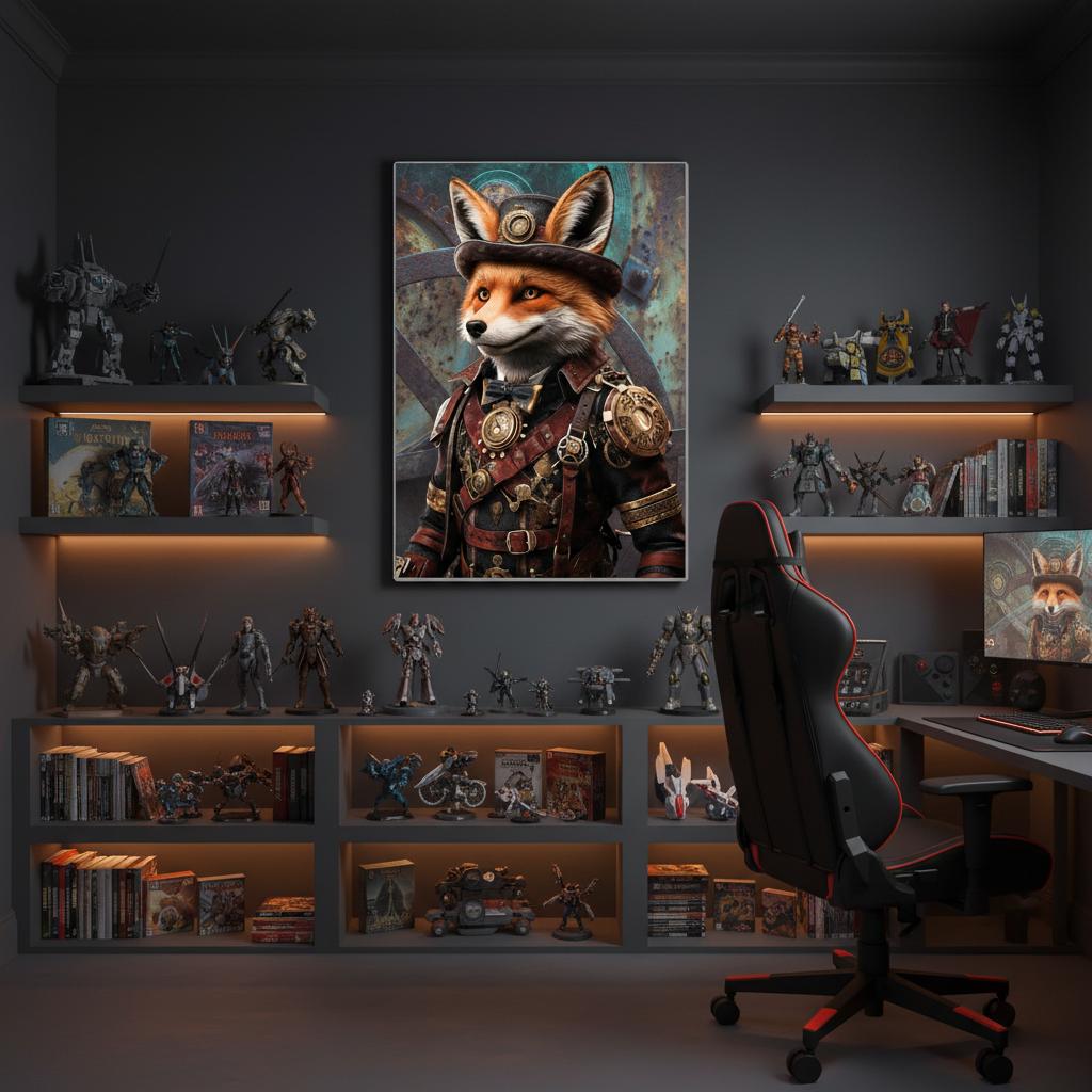 Room interior with shelves displaying figurines, books, and a large framed picture of a fox in armor.