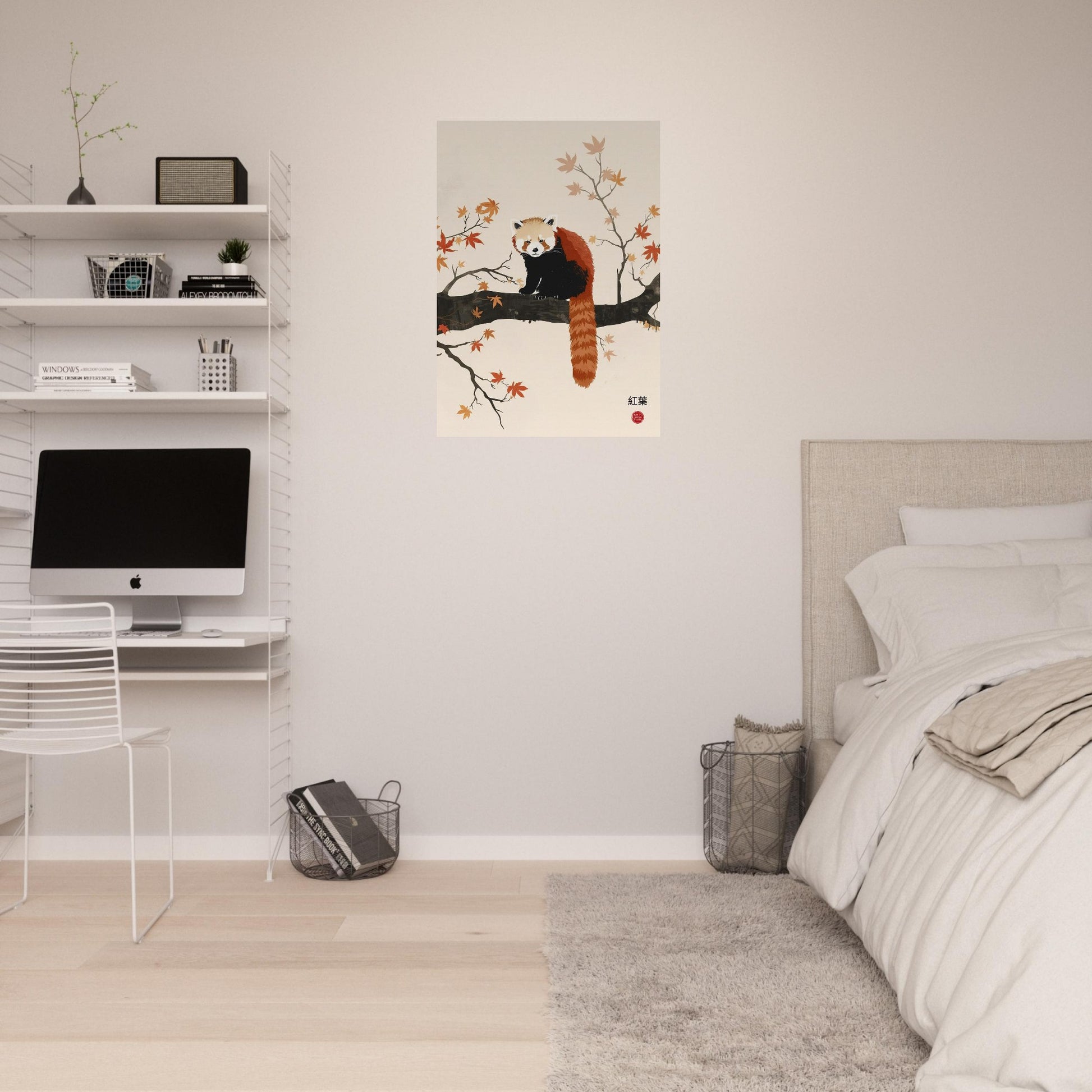 Modern bedroom with a desk, computer monitor, and framed Japandi red panda poster