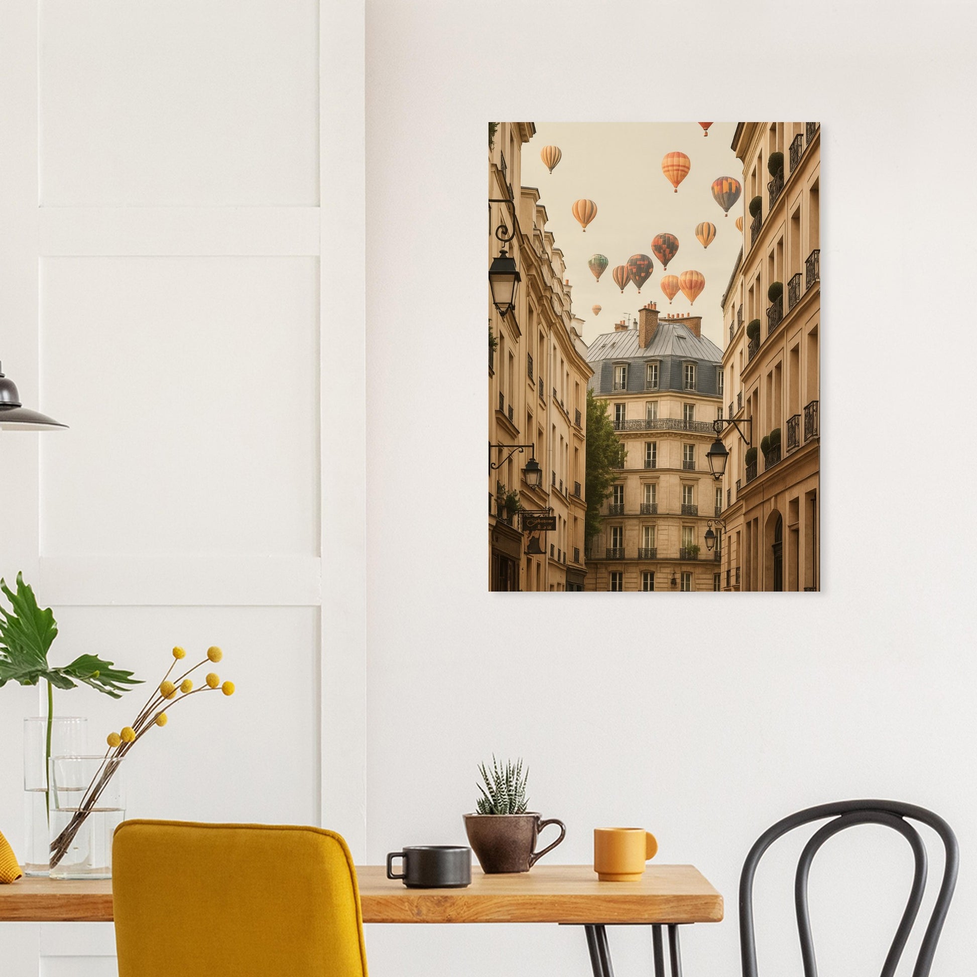 Canvas print of a city street with hot air balloons hanging above a dining table.