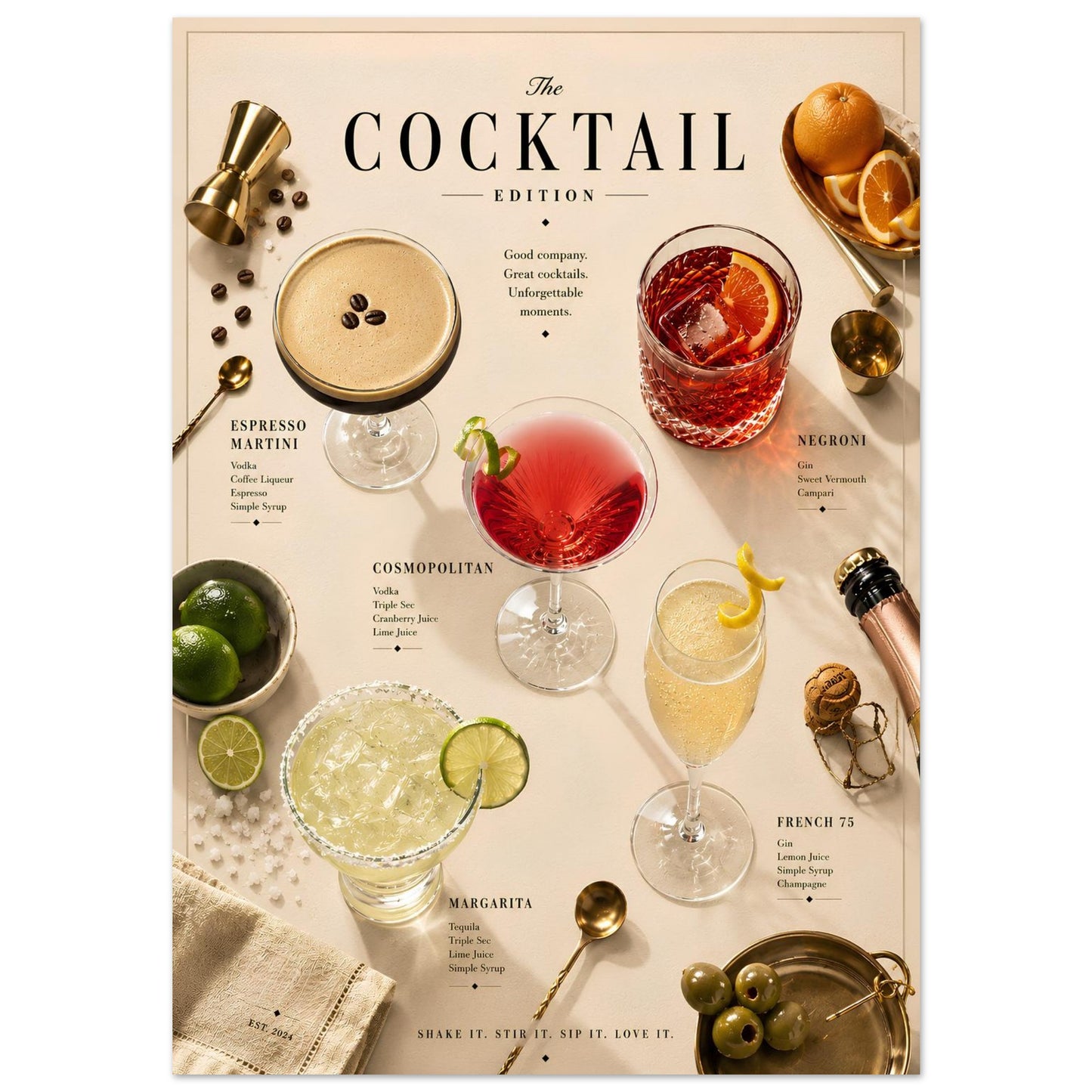 Cocktail Edition Poster close-up featuring Espresso Martini, Negroni, Cosmopolitan, Margarita and French 75 in an editorial-style layout.