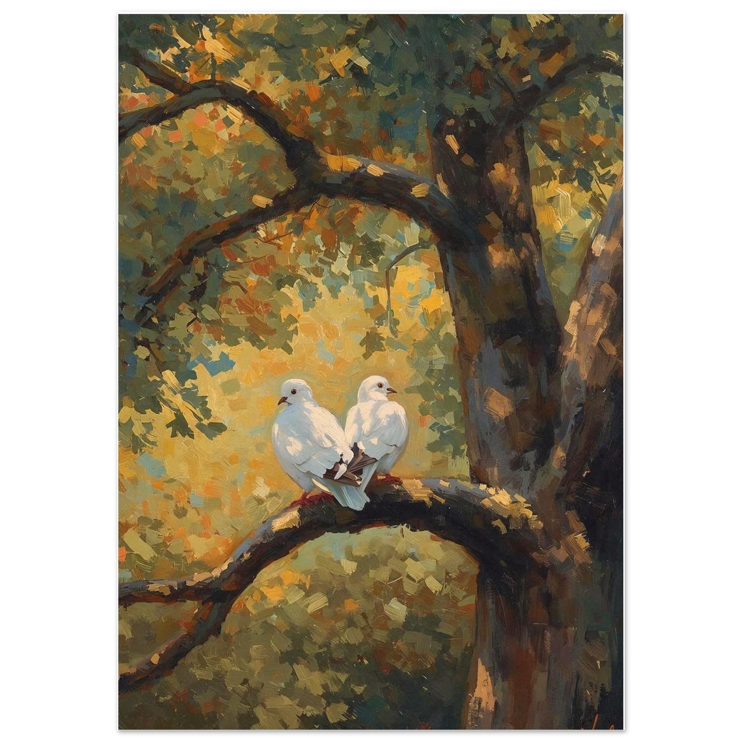 Painting of two white birds perched on a branch with a tree and foliage in the background.