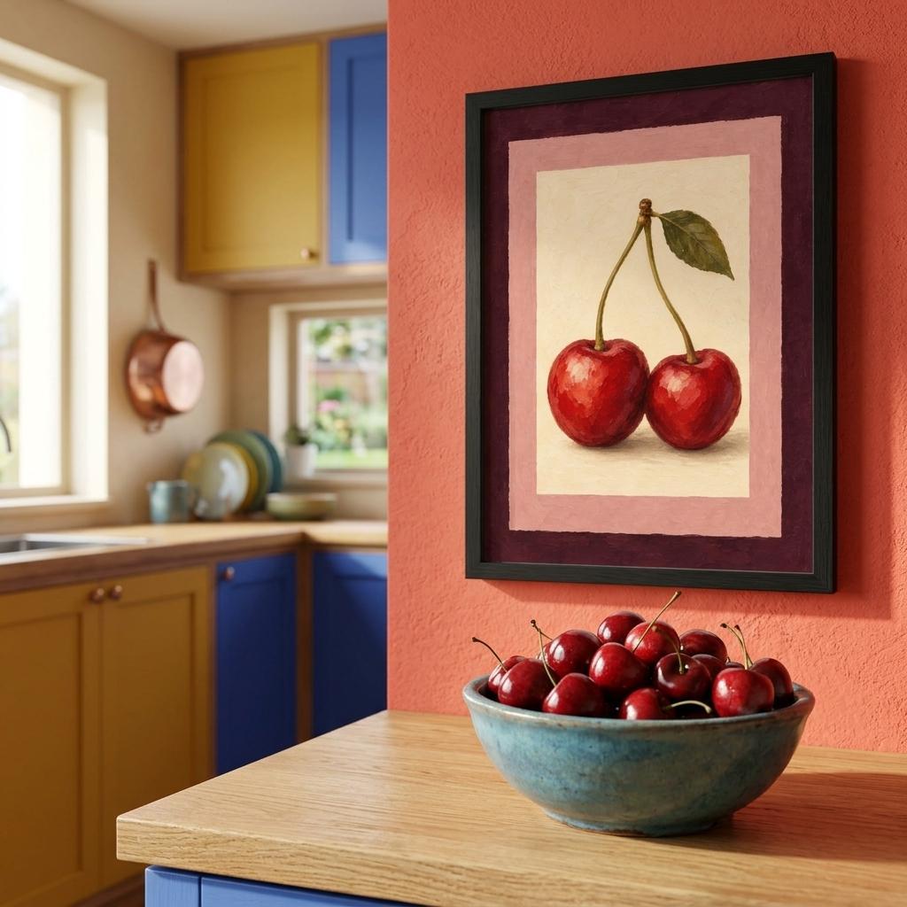 Framed wall art featuring a still life painting of two red cherries with a green leaf, displayed on a terracotta-colored wall above a wooden counter with a bowl of cherries in a kitchen setting.