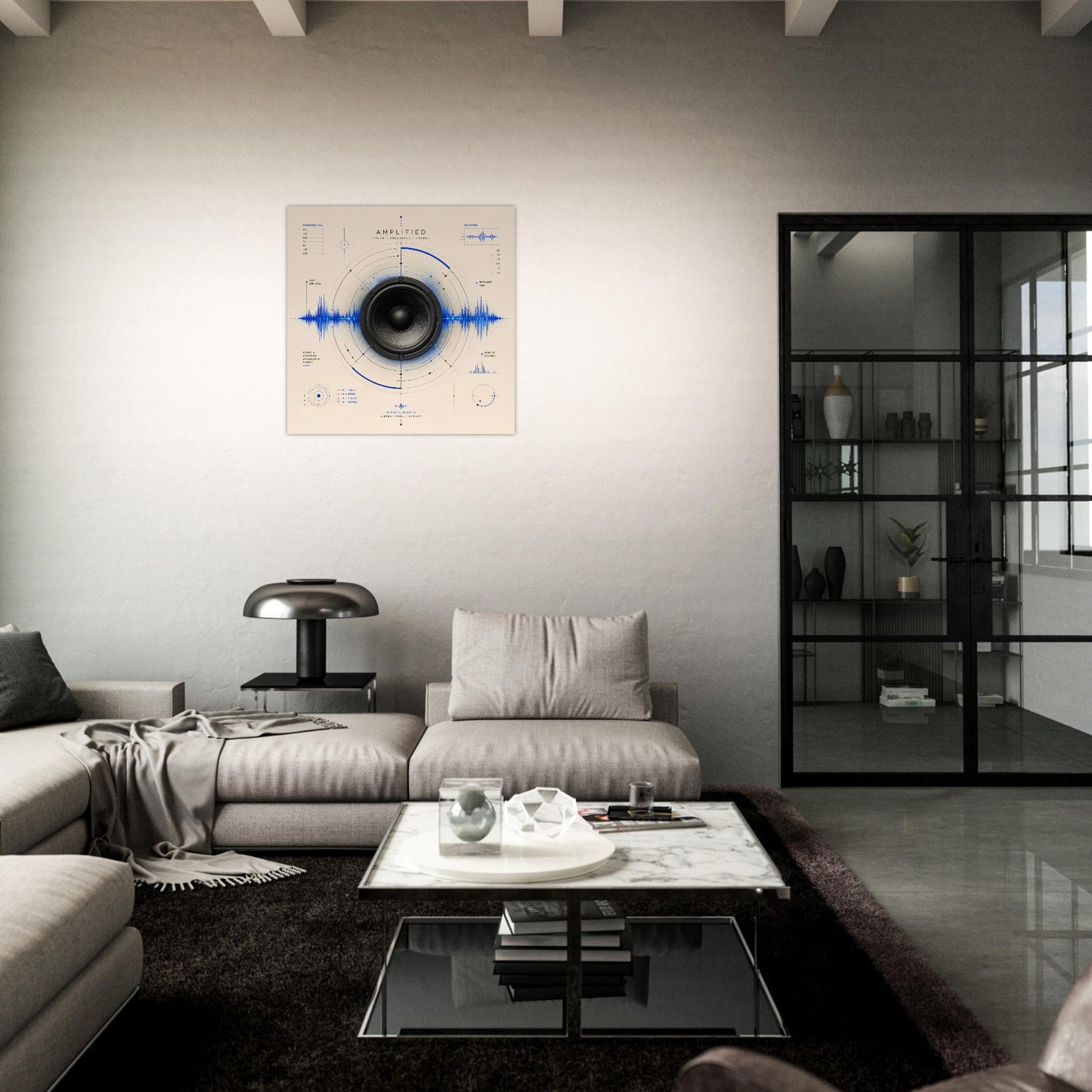 Minimalist scientific speaker poster with electric blue sound waves displayed on a soft beige wall in a contemporary lounge.