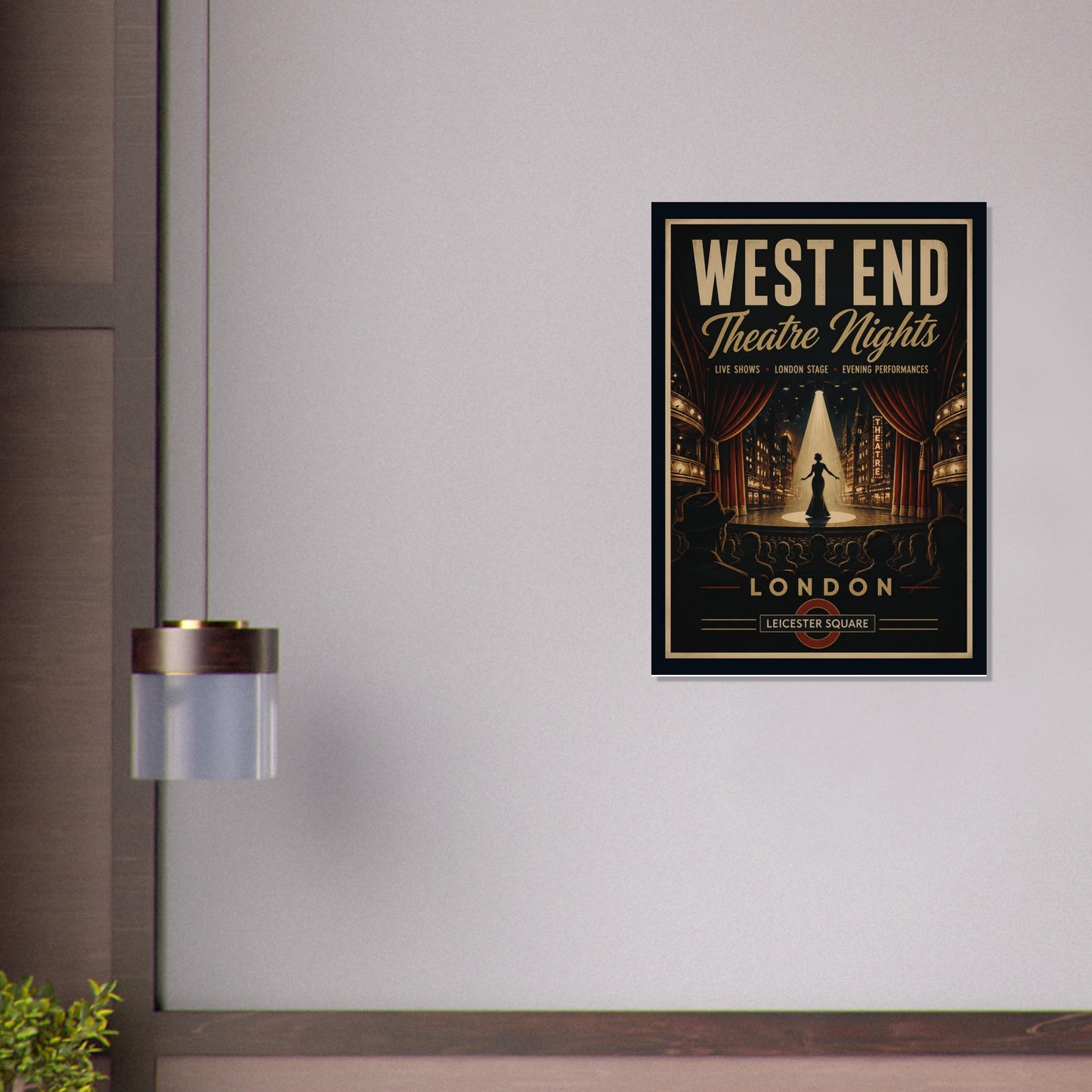 Framed poster for West End Theatre Nights in London on a wall.