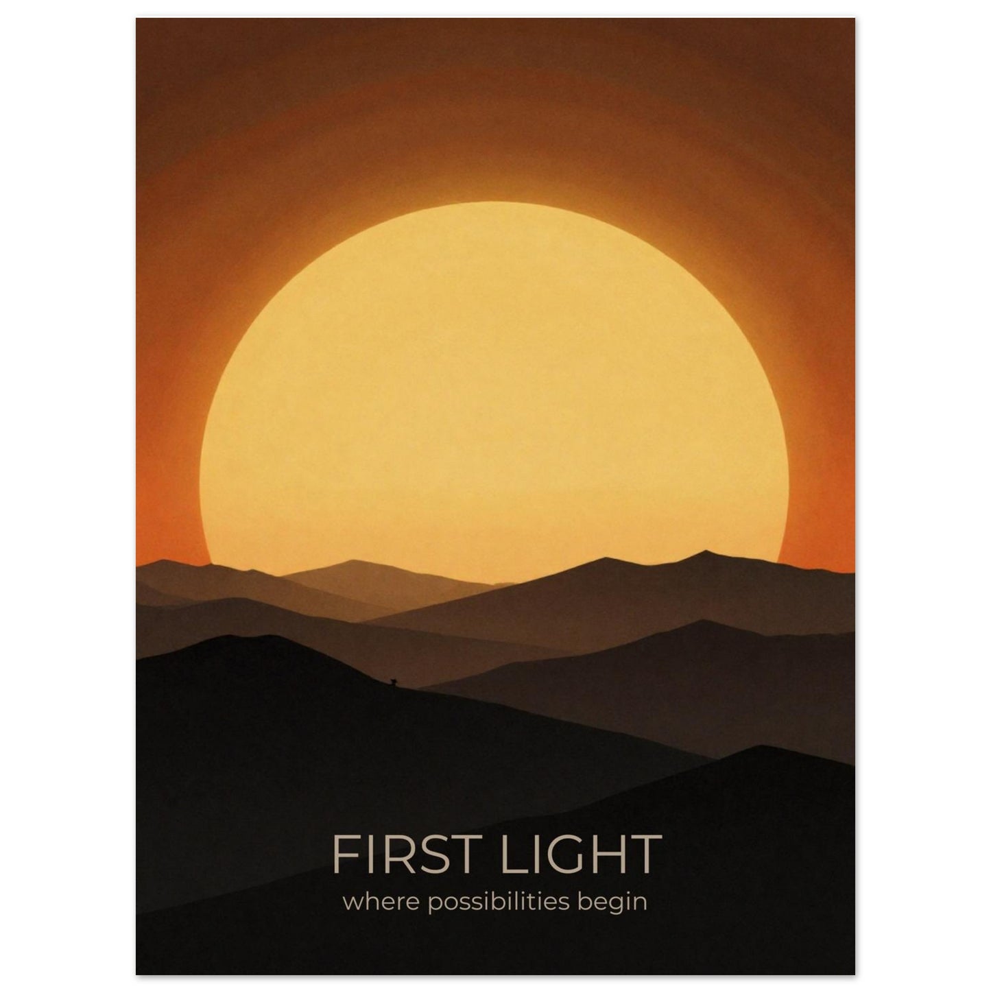 Close-up of First Light sunrise wall art showcasing a large glowing sun and minimalist mountain landscape in amber and gold colours.