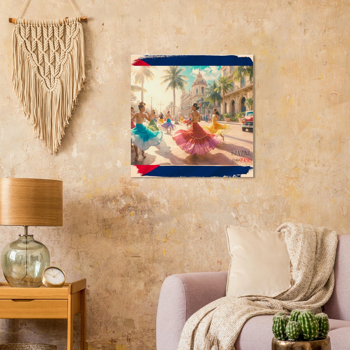 Living room with a painting of people in colorful dresses on a street in Havana, Cuba.on a wall , a lamp, and a sofa.