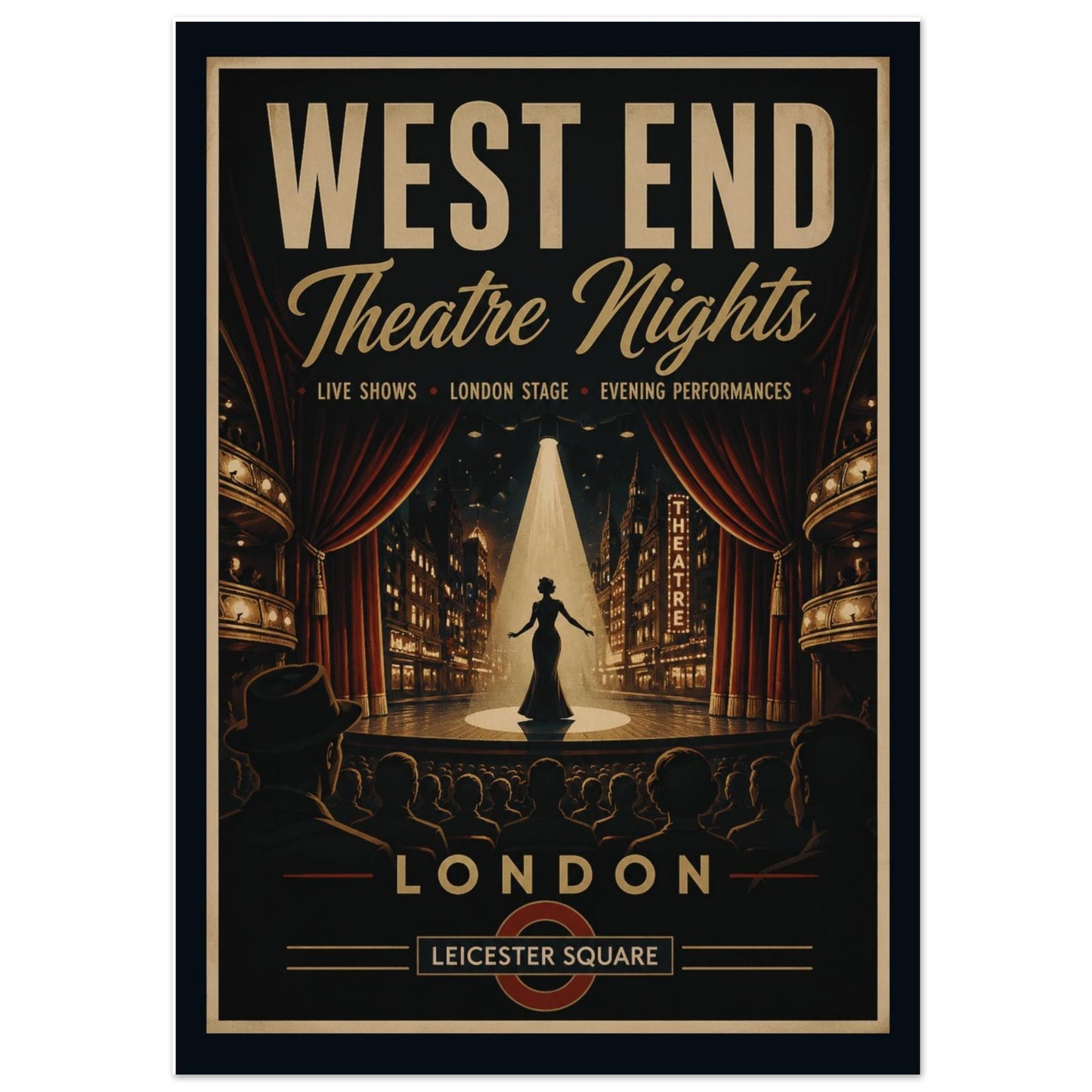 Poster advertising West End Theatre Nights with a stage and curtain design.