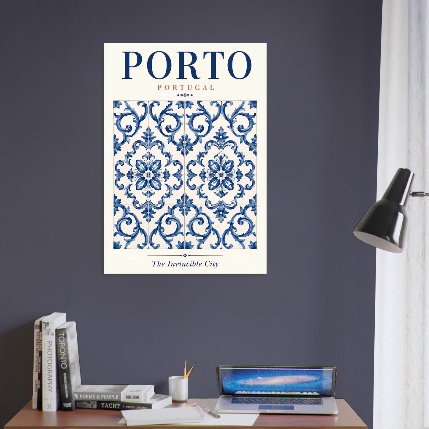 Porto travel poster featuring a Portuguese tile design displayed above a desk in a modern home office.