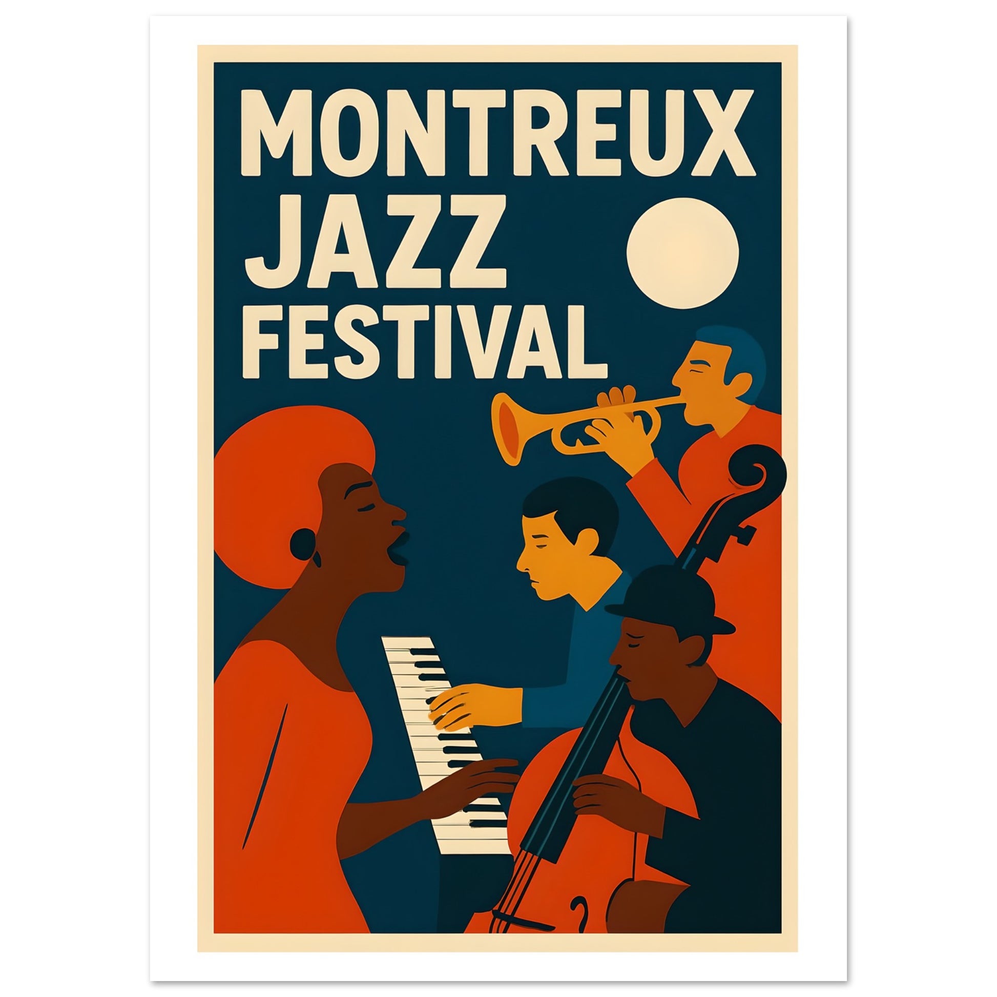 Poster for Montreux Jazz Festival featuring musicians playing instruments.