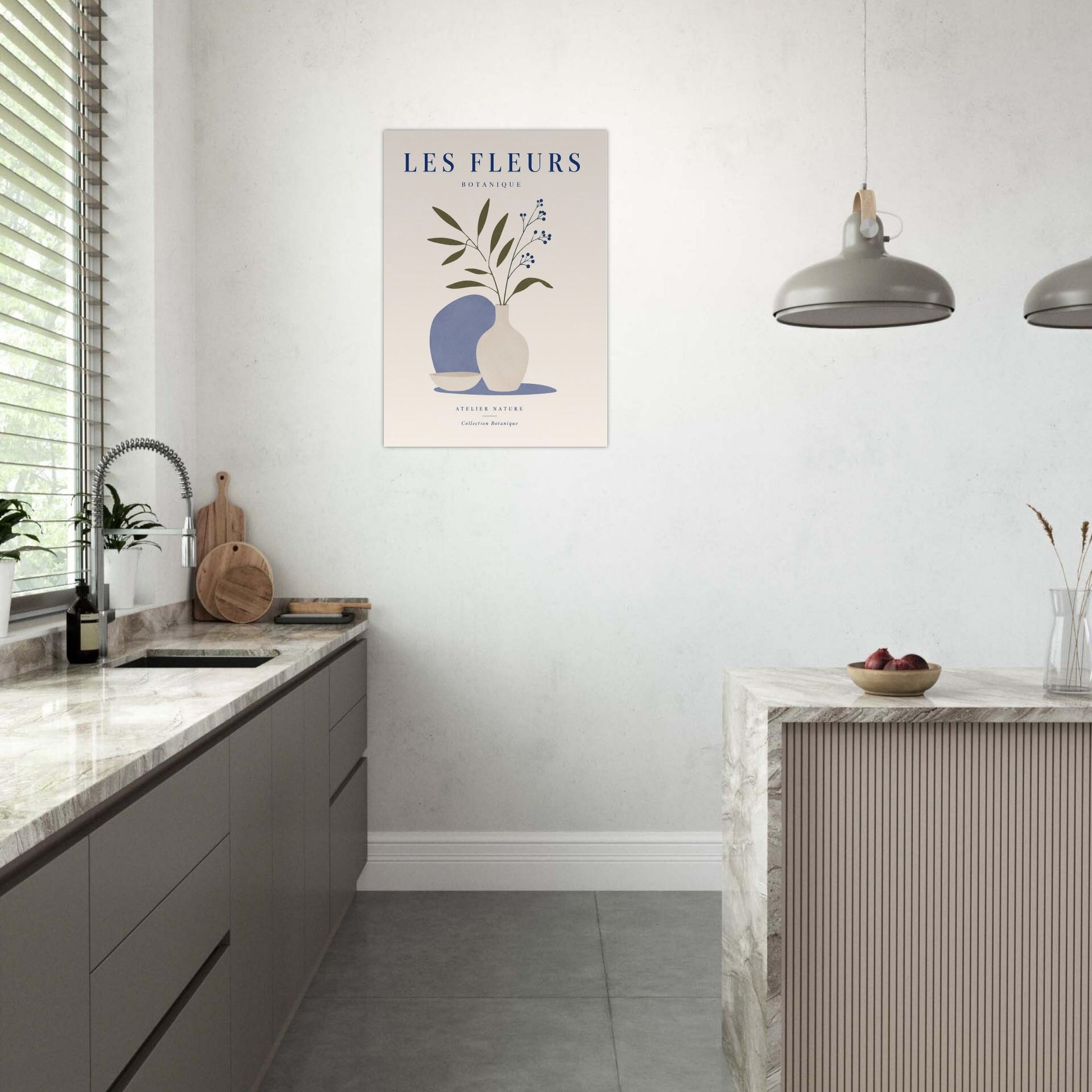 Les Fleurs botanical wall art hanging on striped neutral wall in modern Scandinavian kitchen
