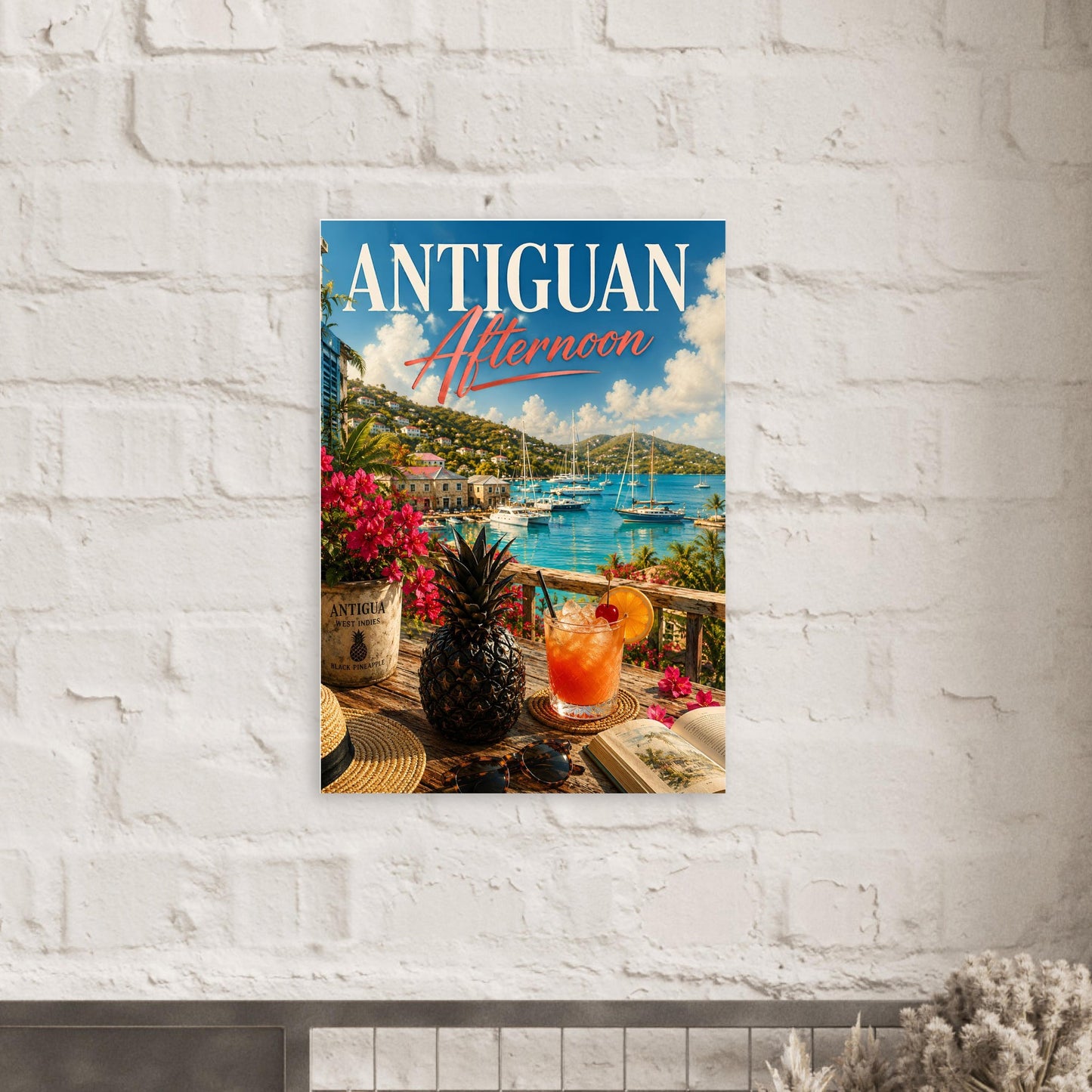 Poster of 'Antiguan Afternoon' with a scenic view of a tropical beach and cocktail on a white brick wall.