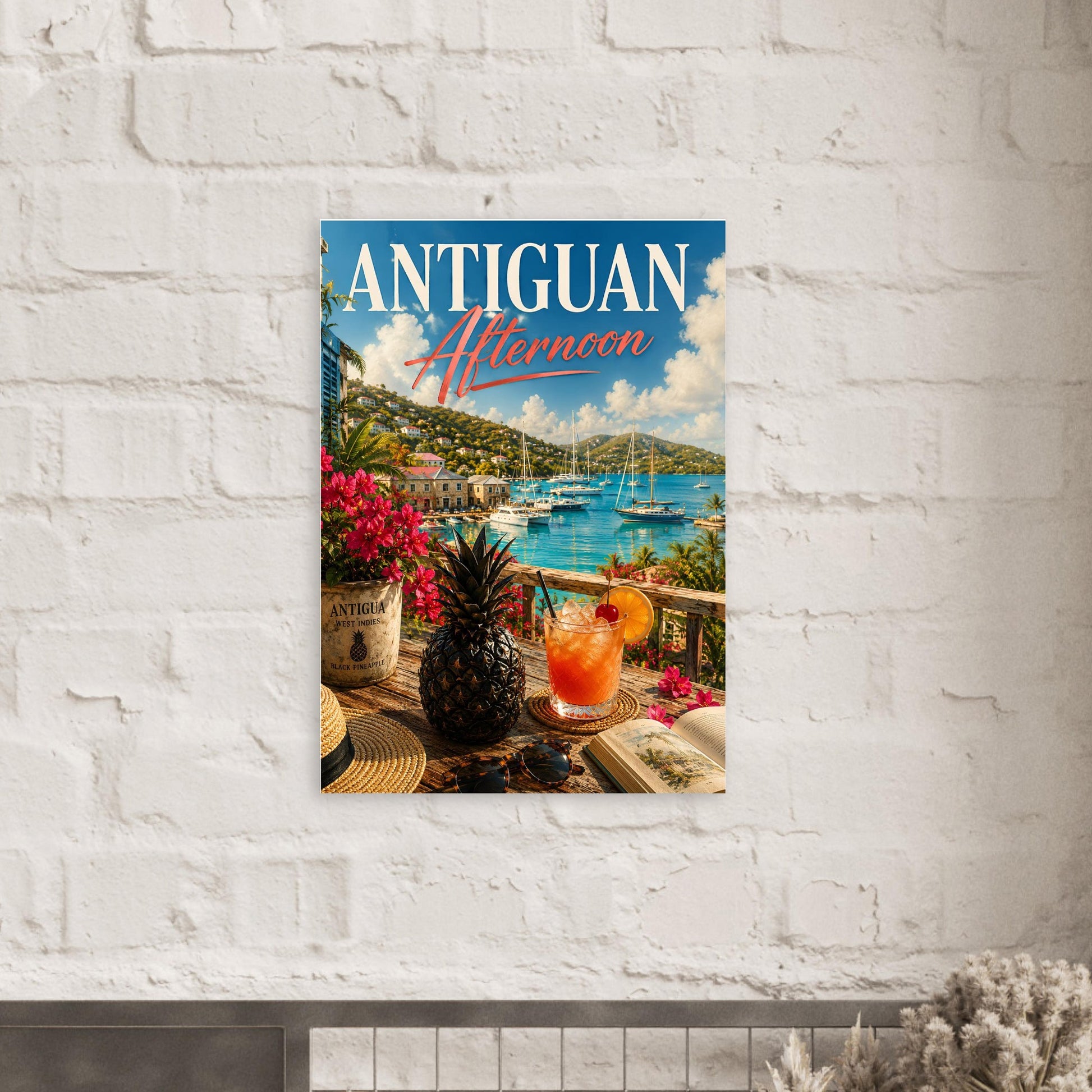 Poster of 'Antiguan Afternoon' with a scenic view of a tropical beach and cocktail on a white brick wall.
