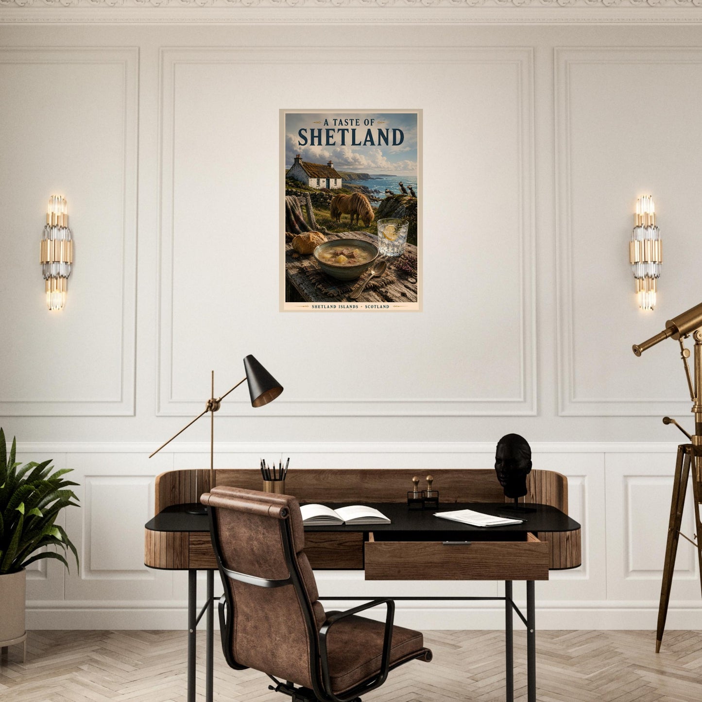 Scottish coastal travel poster hanging above a wooden desk in a stylish home office