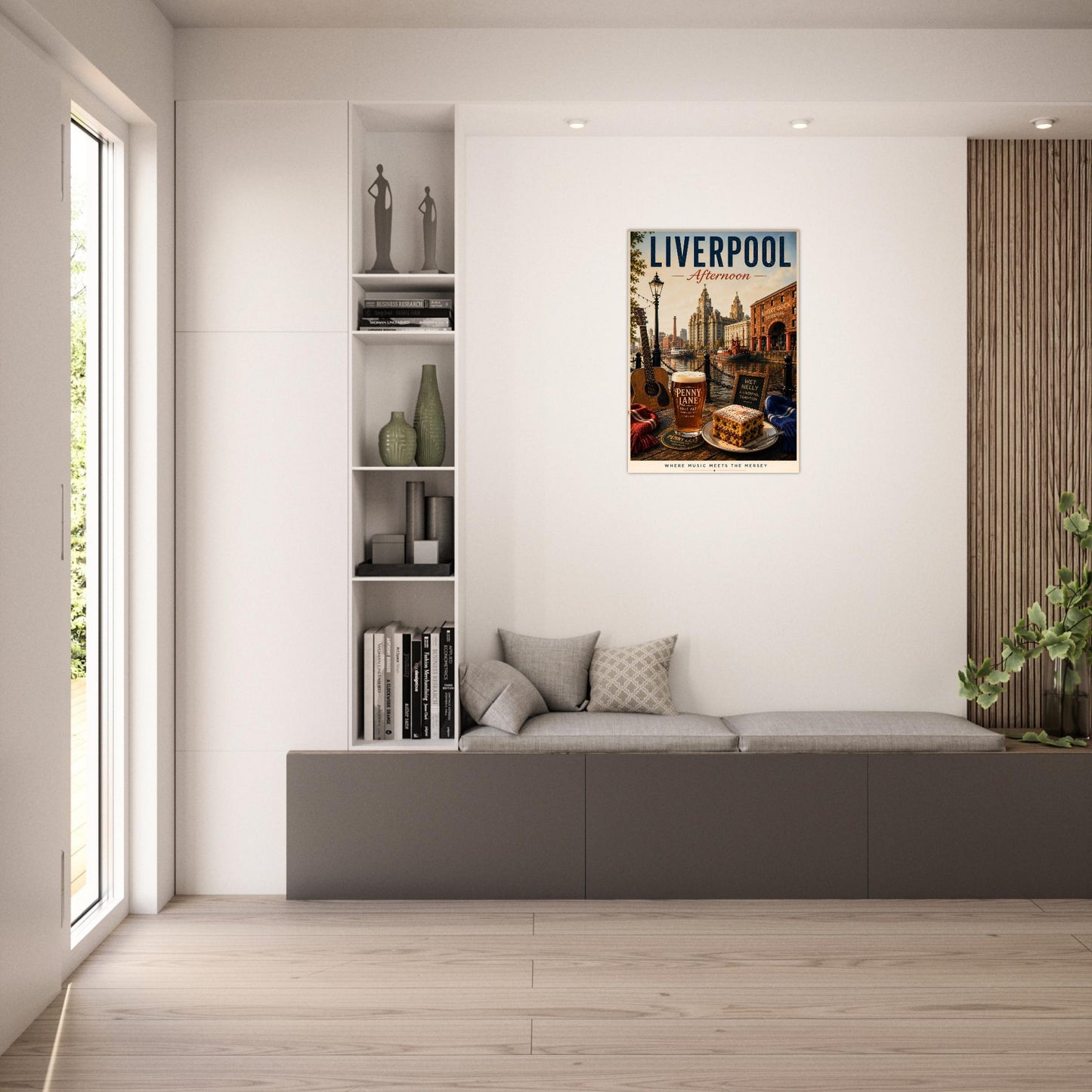 Liverpool Afternoon wall art displayed in a modern home setting, inspired by Liverpool's maritime history, music scene and waterfront views.