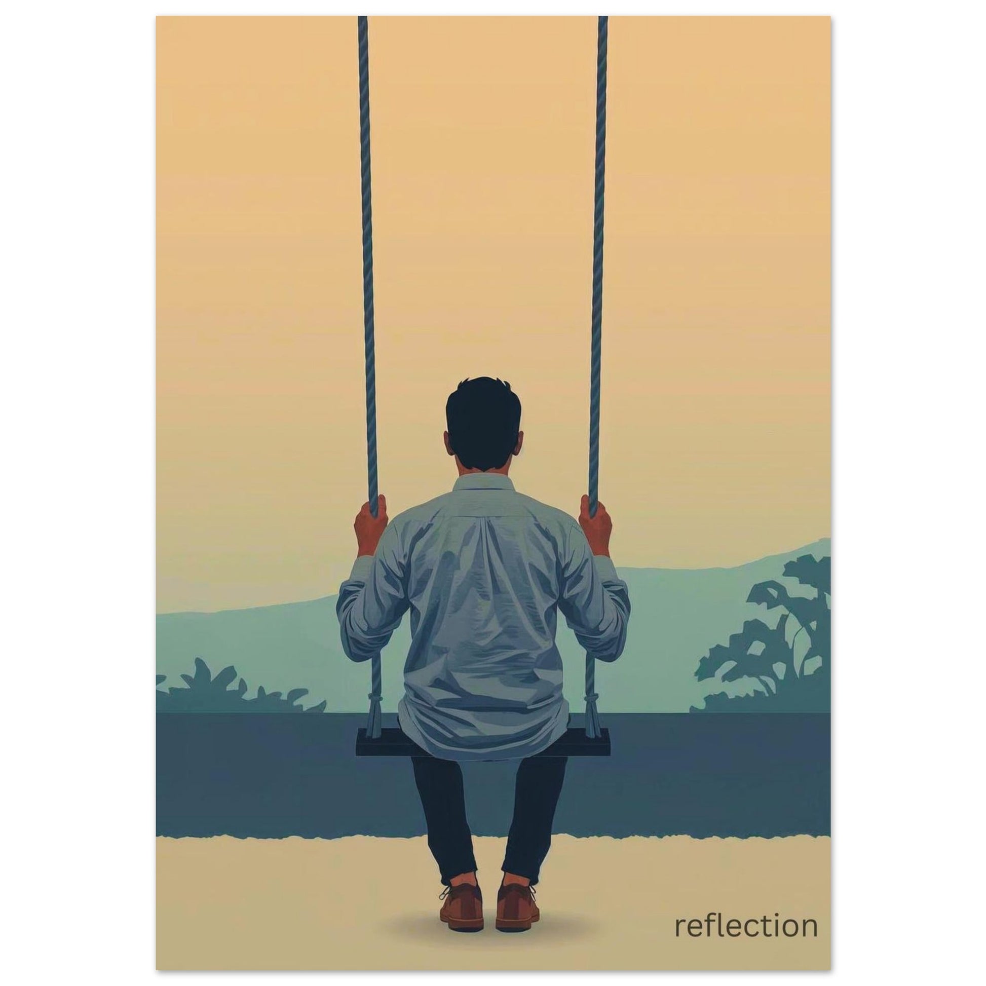 Man on a swing with a scenic background and 'reflection' text