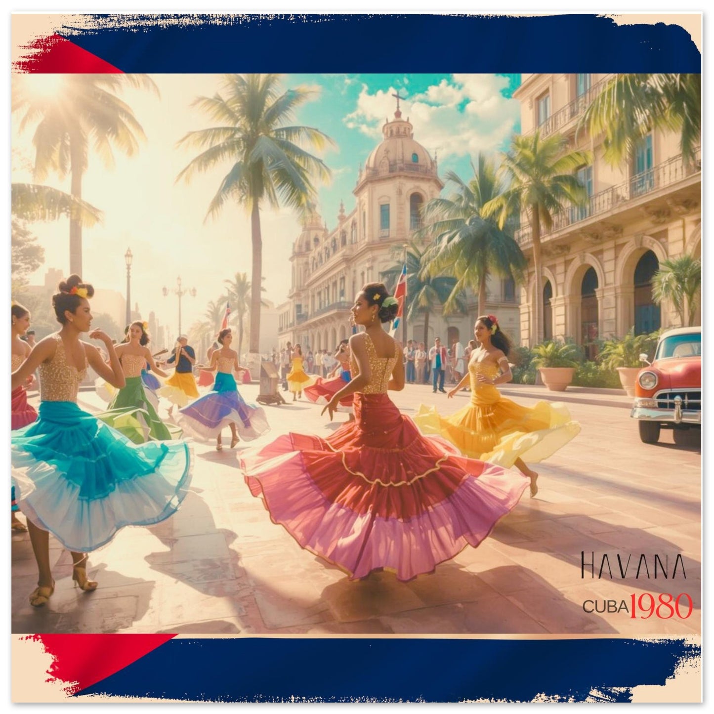 Dancers in colorful outfits on a street in Havana, Cuba with a vintage car and palm trees in the background.