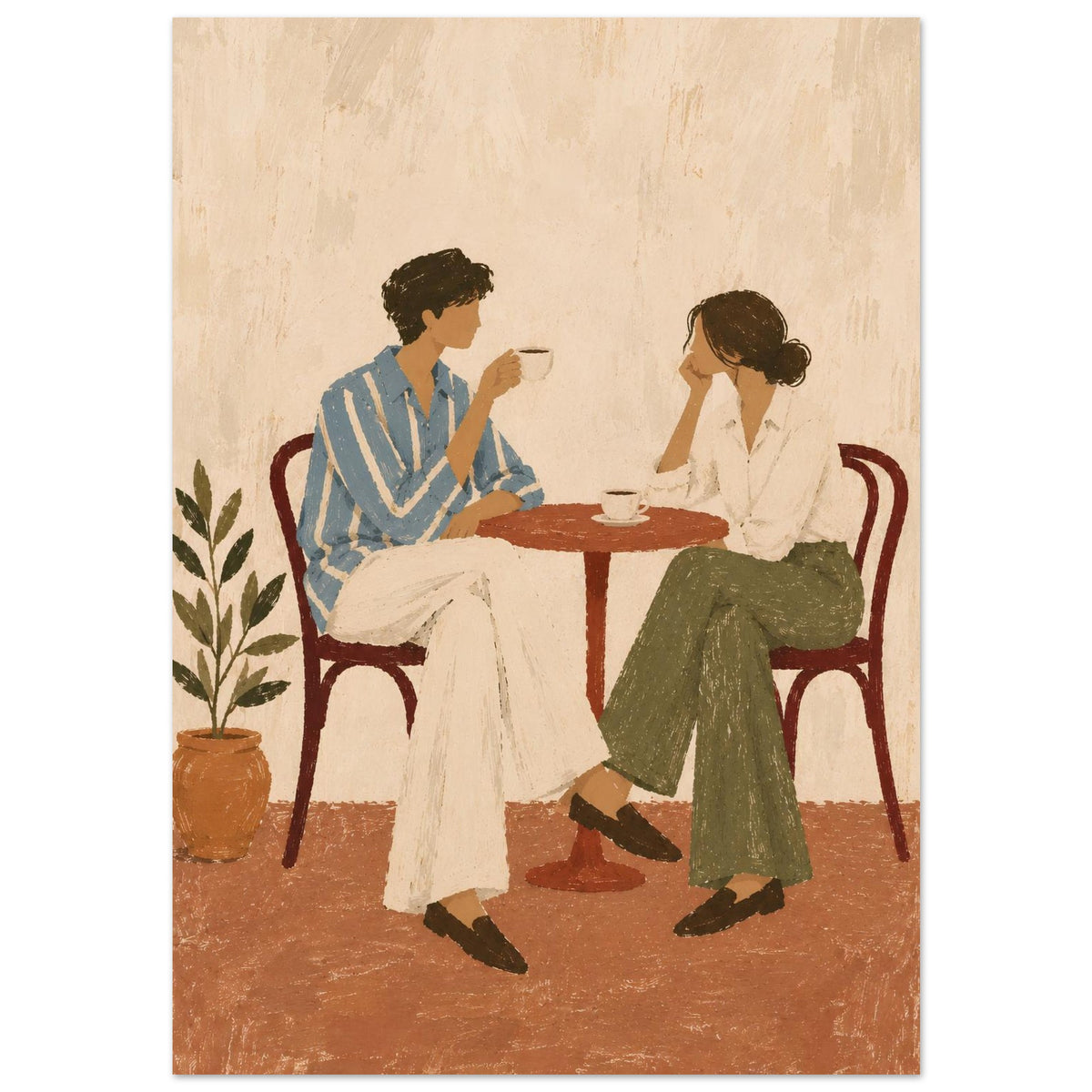 A vertical art print depicting a man and a woman sitting at a small round table in a cafe, drinking from cups. The man wears a blue and white striped shirt with white trousers, and the woman wears a white shirt with green trousers.