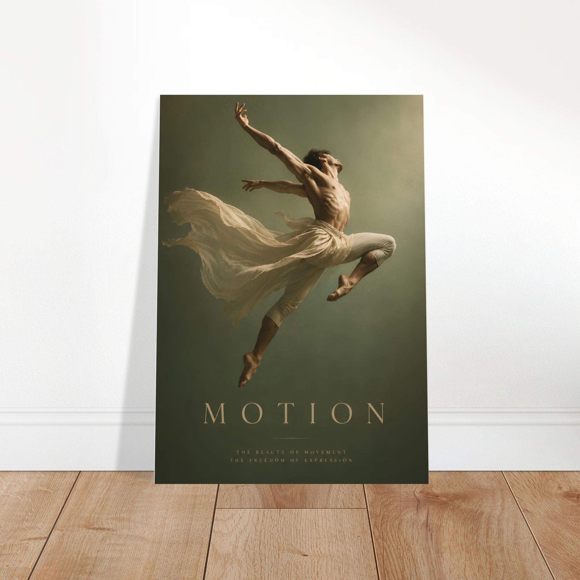 Motion contemporary dancer poster displayed in a modern interior, featuring a male dancer suspended mid-air against a soft sage green background.