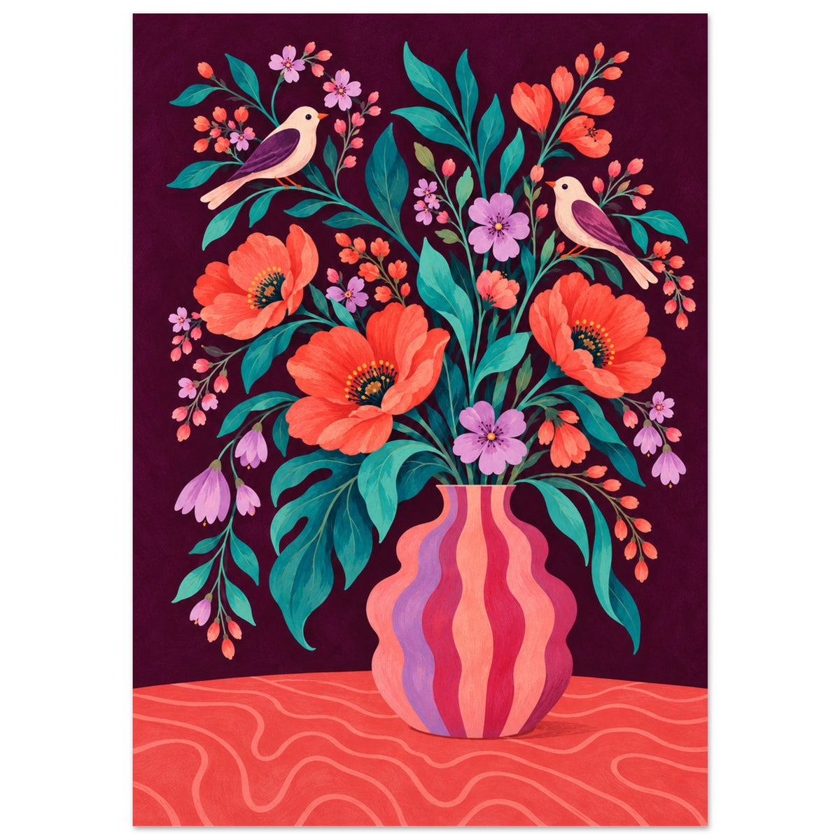 A colorful floral art print featuring a wavy pink and orange vase filled with orange poppies, purple blossoms, green leaves, and two small birds against a dark burgundy background.