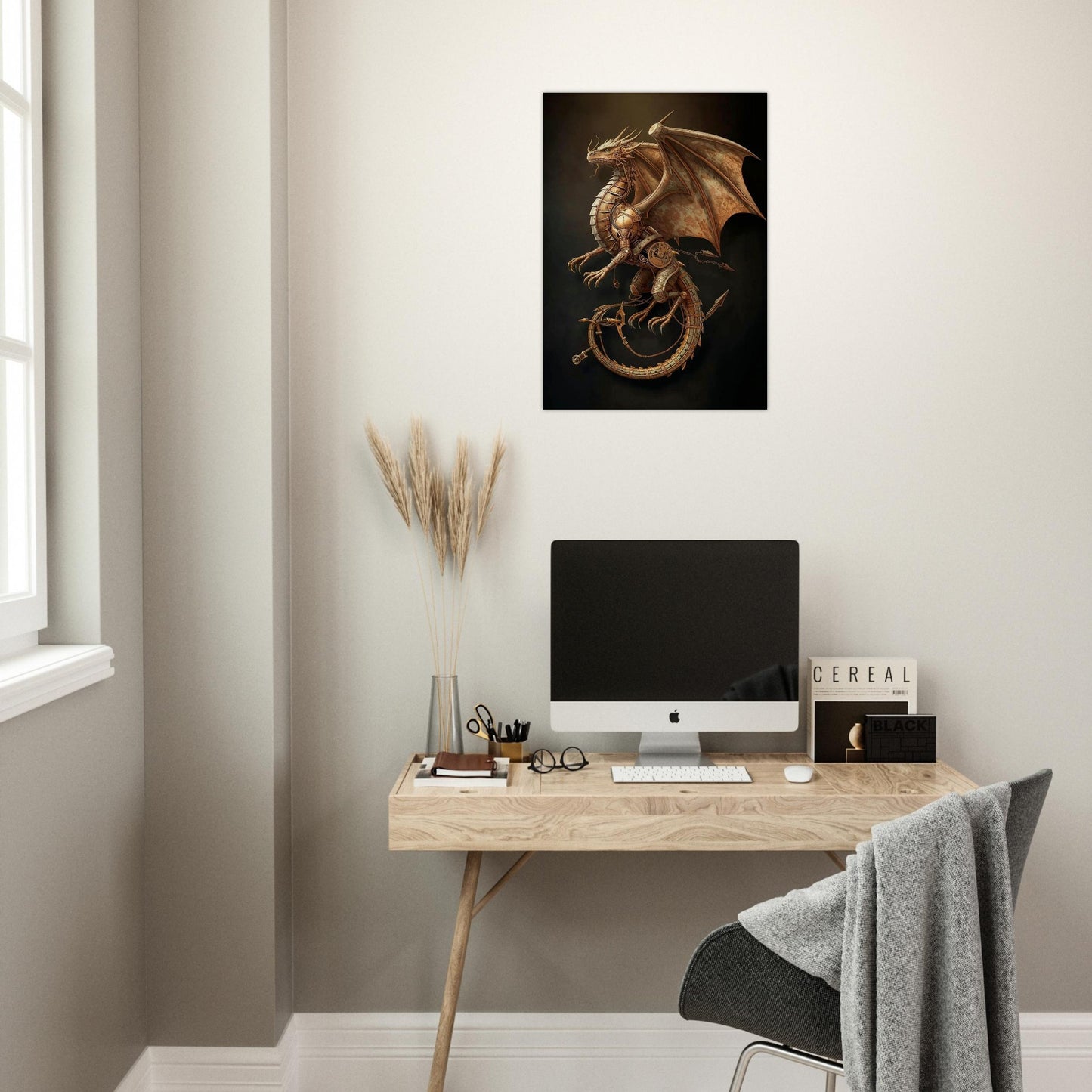 Modern home office with a desk, computer, and decorative dragon poster on the wall.