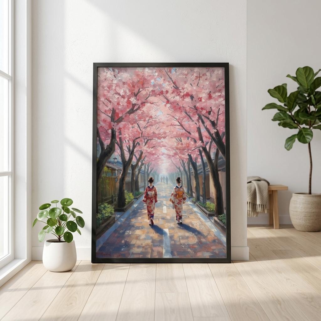 Japanese cherry blossom poster displayed in a modern living room, framed on a wooden floor with plant decor