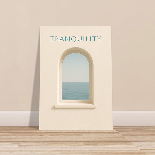 Tranquility poster featuring arched window with ocean view, set against neutral wall on light wood floor