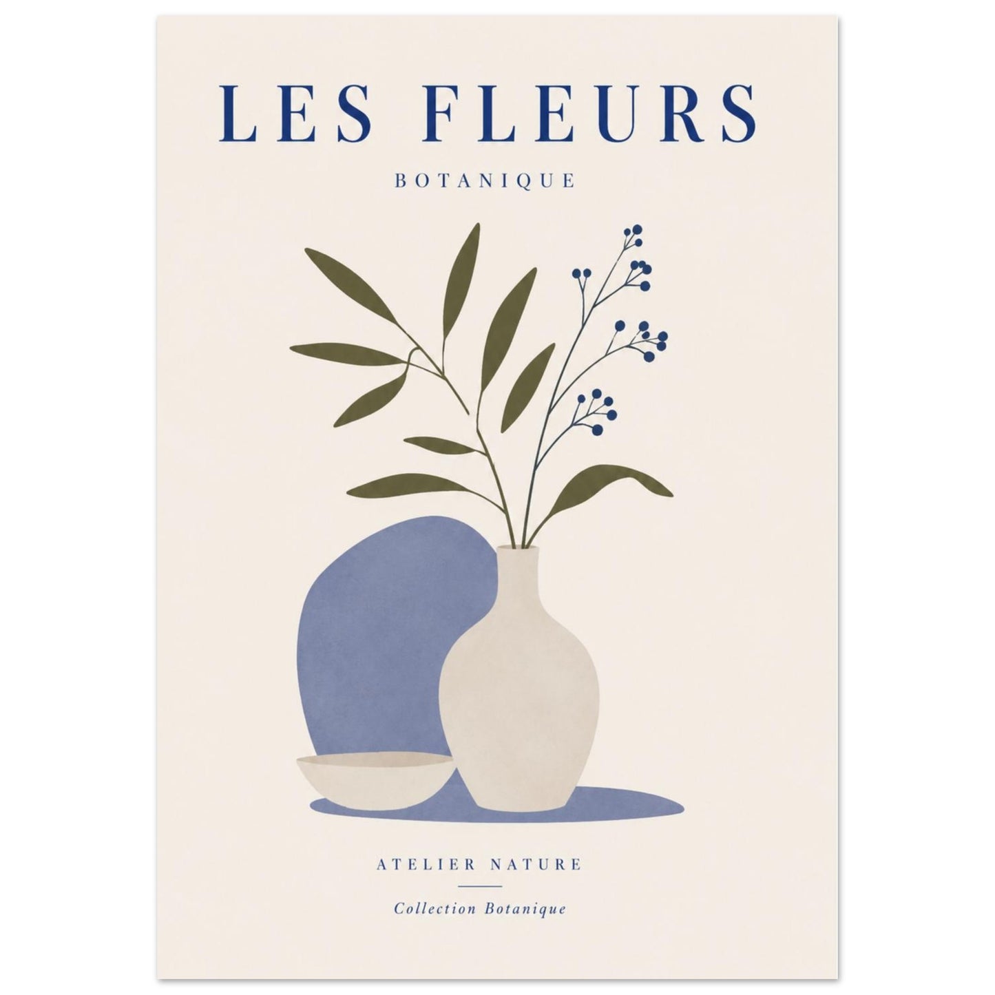 Close-up of Les Fleurs minimalist botanical print with blue vase and elegant floral stems