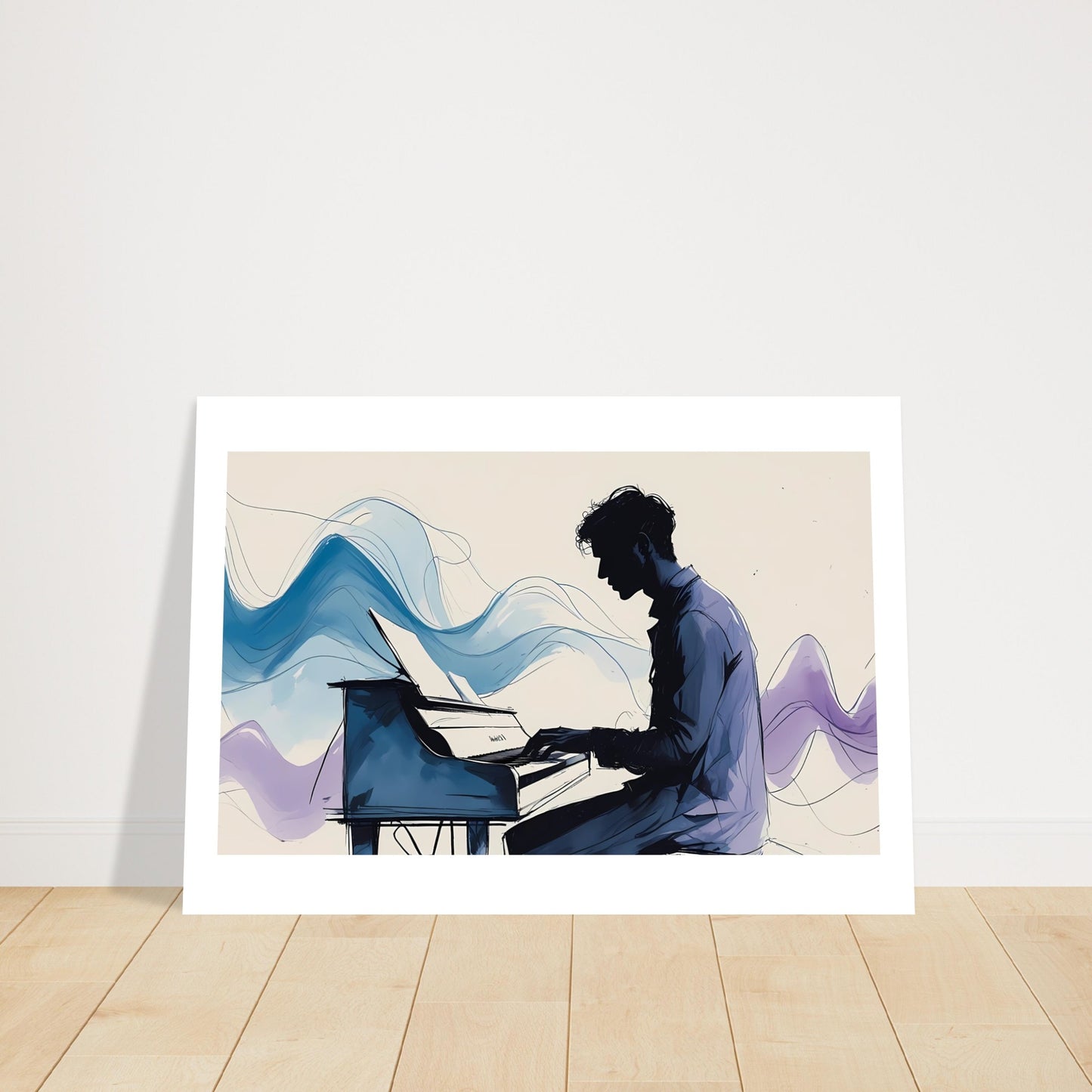 Art print of a silhouette playing a piano with abstract blue and purple designs on a beige background.