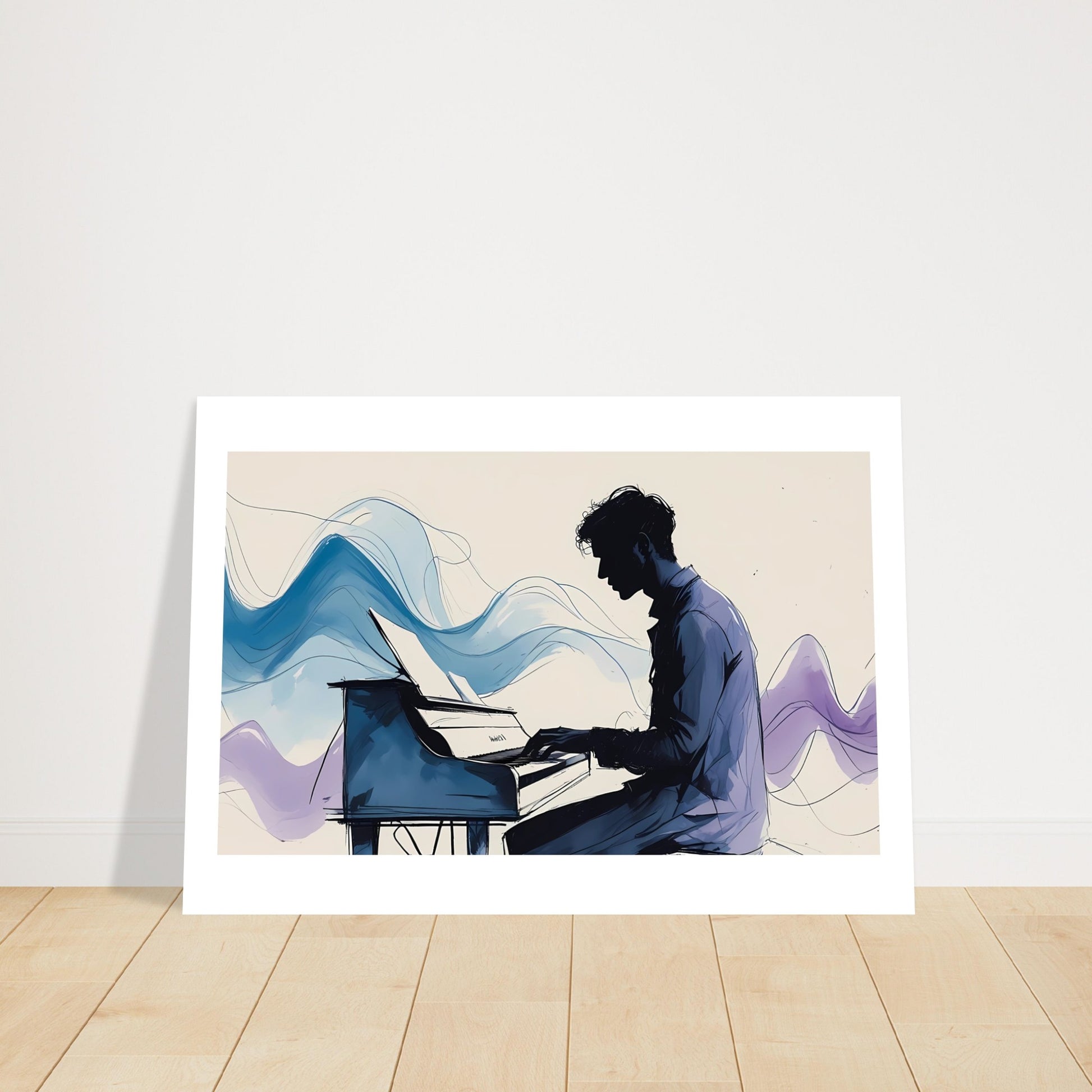 Art print of a silhouette playing a piano with abstract blue and purple designs on a beige background.