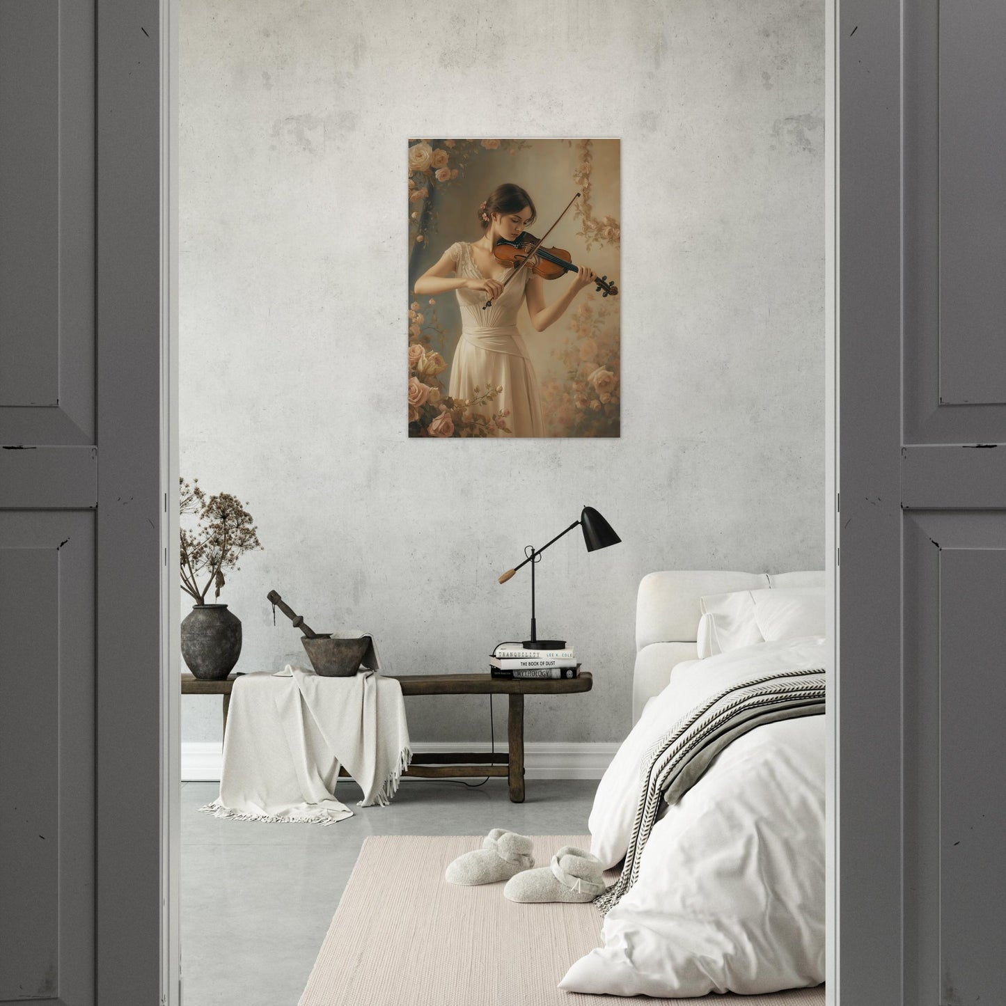 Room interior with a painting of a woman playing the violin on the wall.