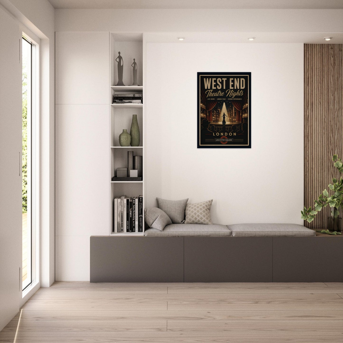 Modern living room with a 'West End Theatre Nights' poster on the wall.