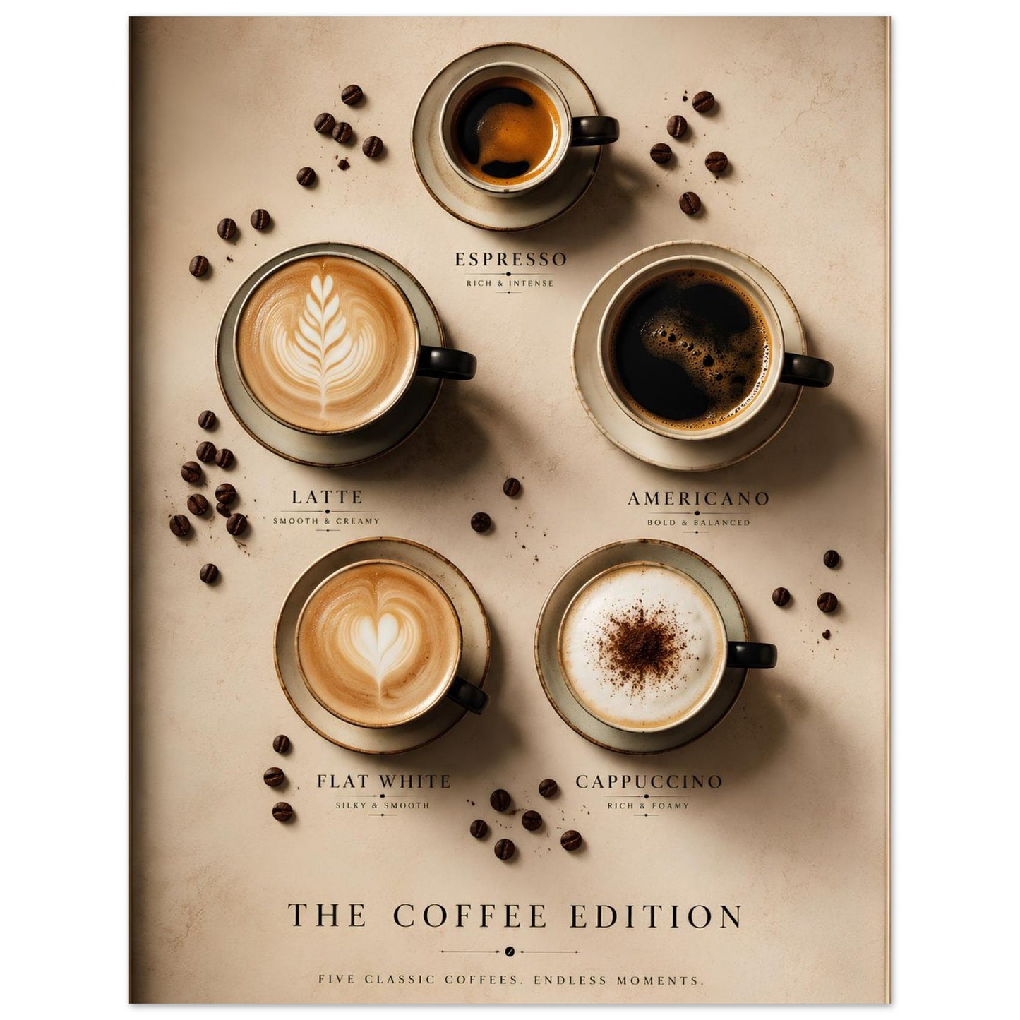 Poster of different coffee types with cups and coffee beans on a beige 