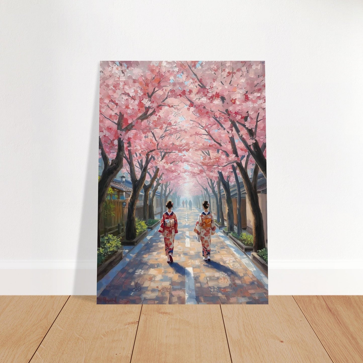 Painting of two people in traditional attire walking under cherry blossom trees on a wooden floor.