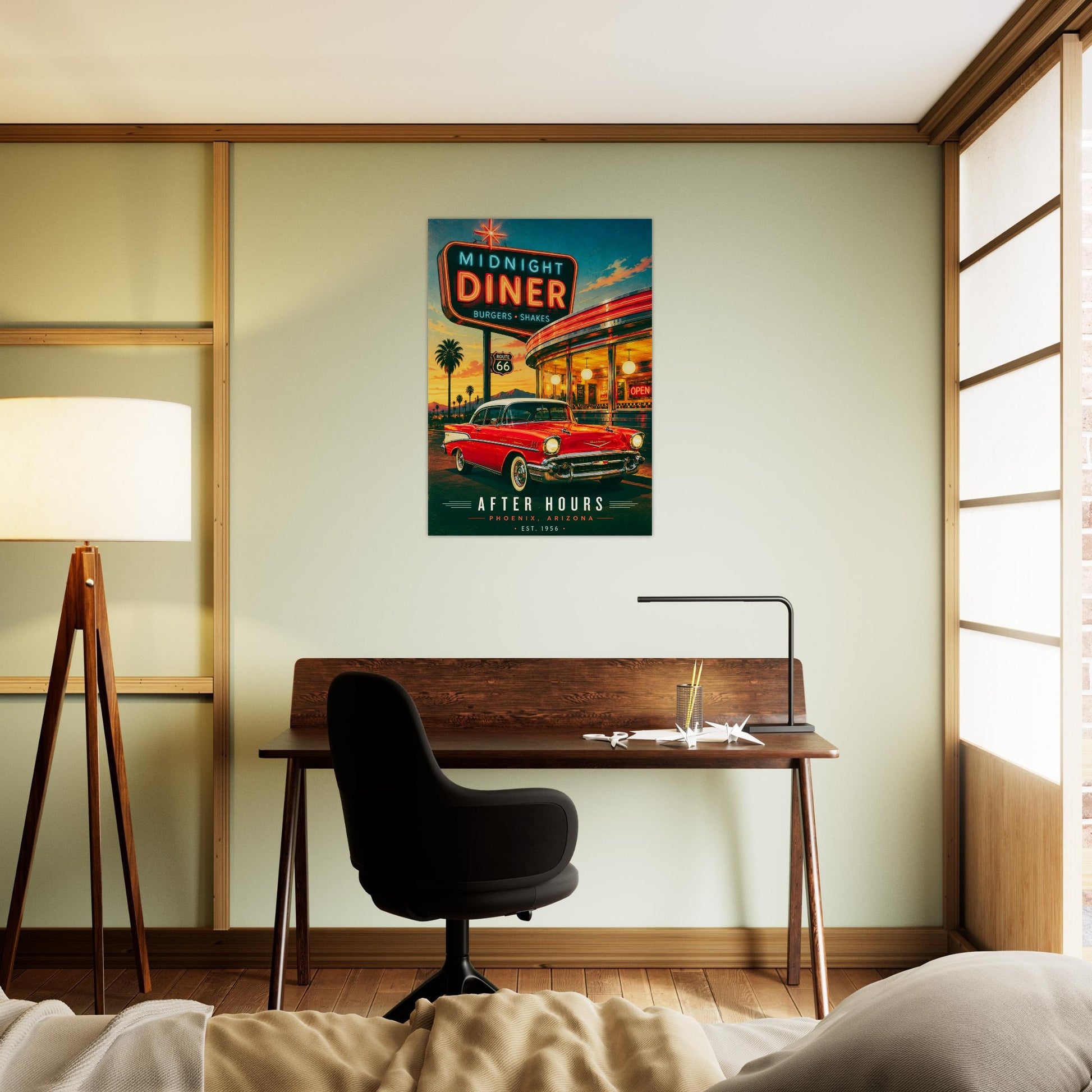 Room interior with a desk, chair, and vintage diner poster on the wall.