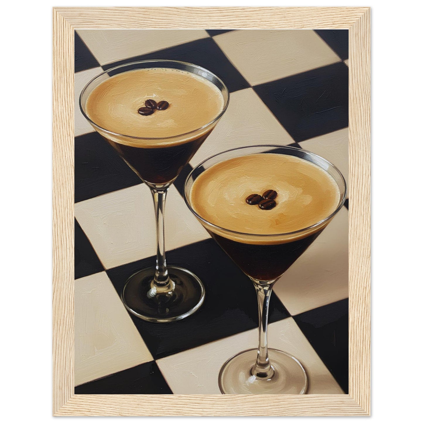Framed Espresso Martini print featuring two classic cocktails with rich coffee tones and a geometric checkerboard pattern.