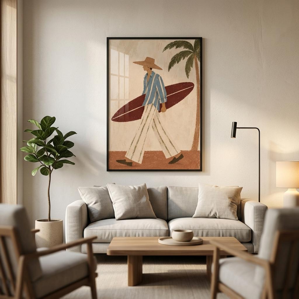Framed surfer poster above a light grey sofa in a bright living room with plants, a floor lamp and wooden coffee table.