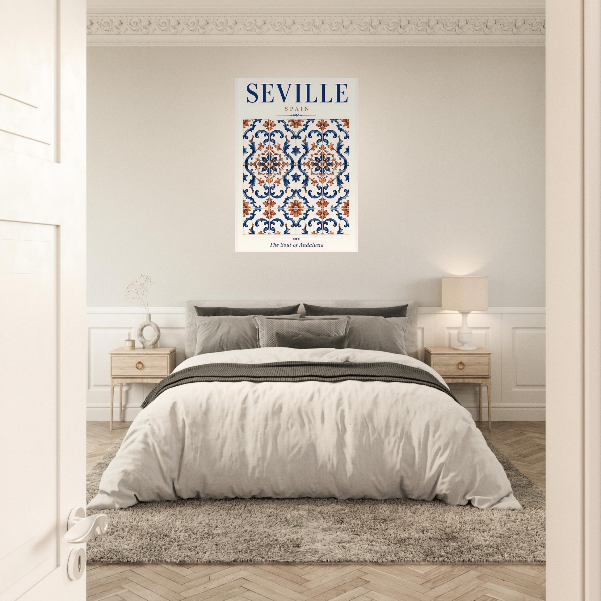 Seville Spain tile poster displayed in a bright neutral bedroom with natural light and understated decor.
