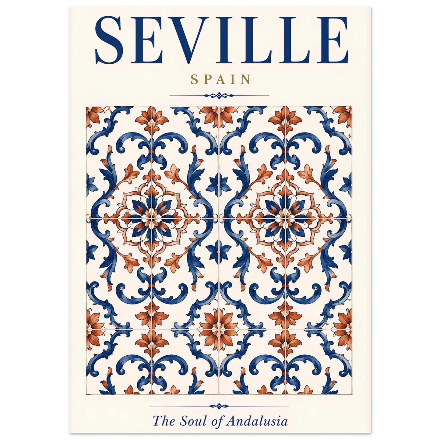 Seville Spain wall art featuring an intricate blue and terracotta Andalusian-inspired ceramic tile pattern.
