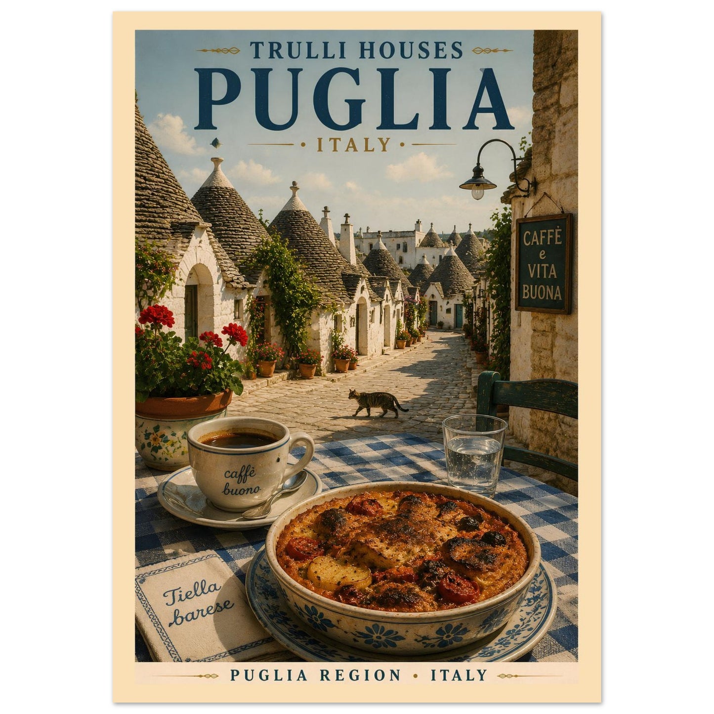 Italian travel poster featuring Puglia trulli houses displayed against a clean studio background