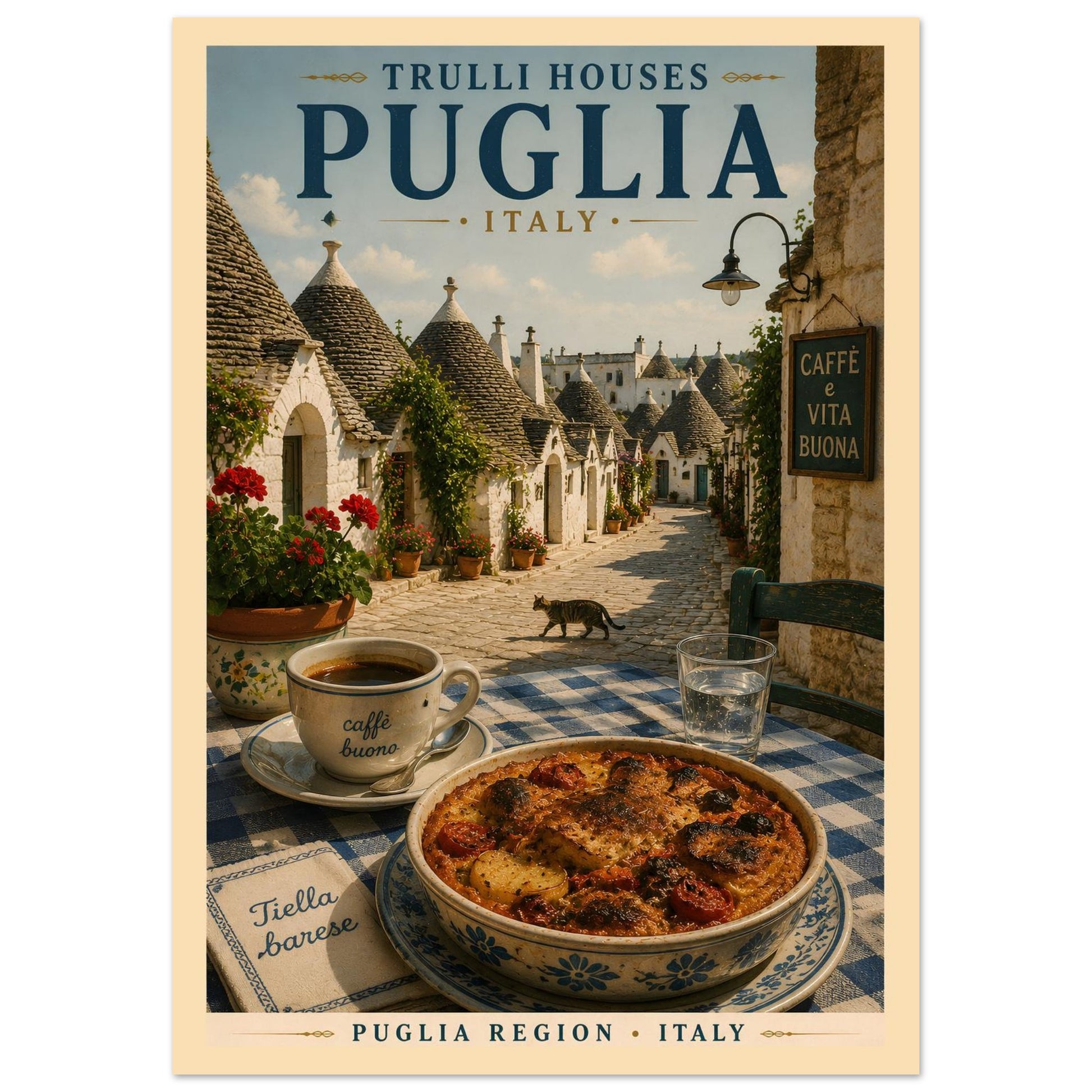 Italian travel poster featuring Puglia trulli houses displayed against a clean studio background